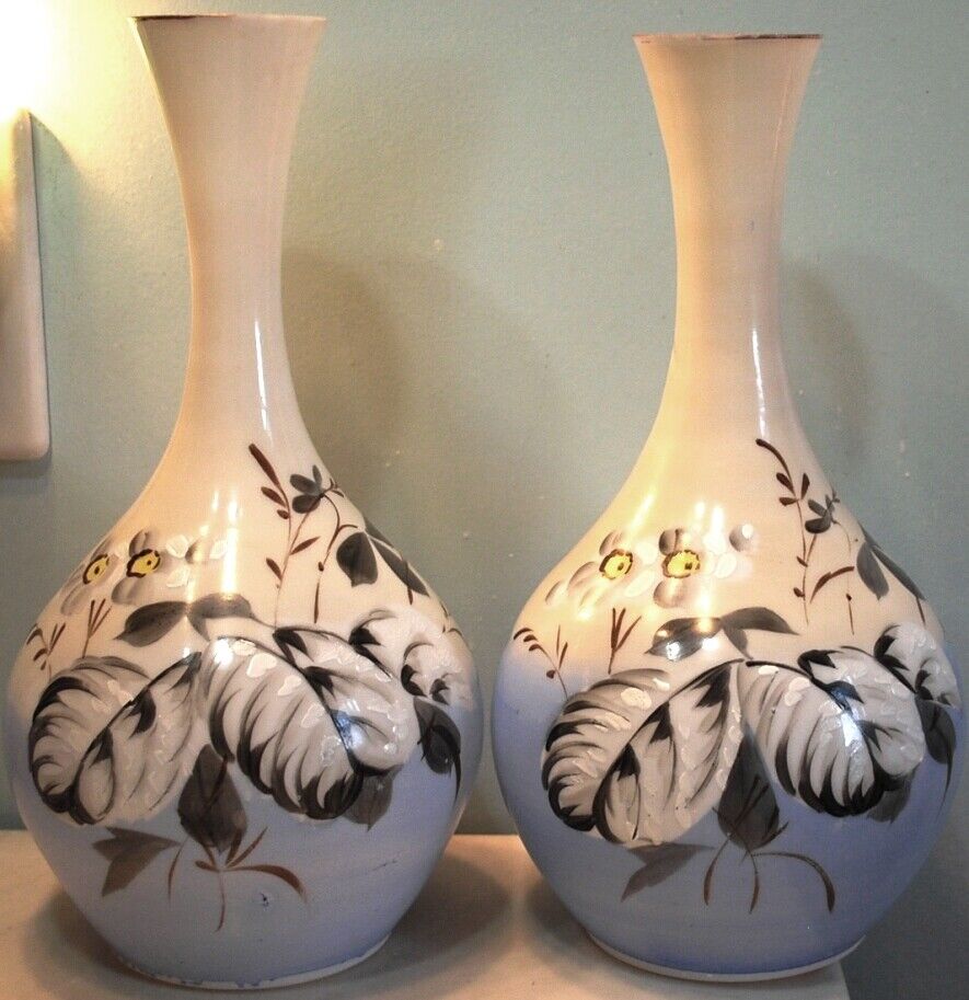 Antique PAIR 2 Vases BRISTOL GLASS Hand Painted Feathers Blue White VICTORIAN