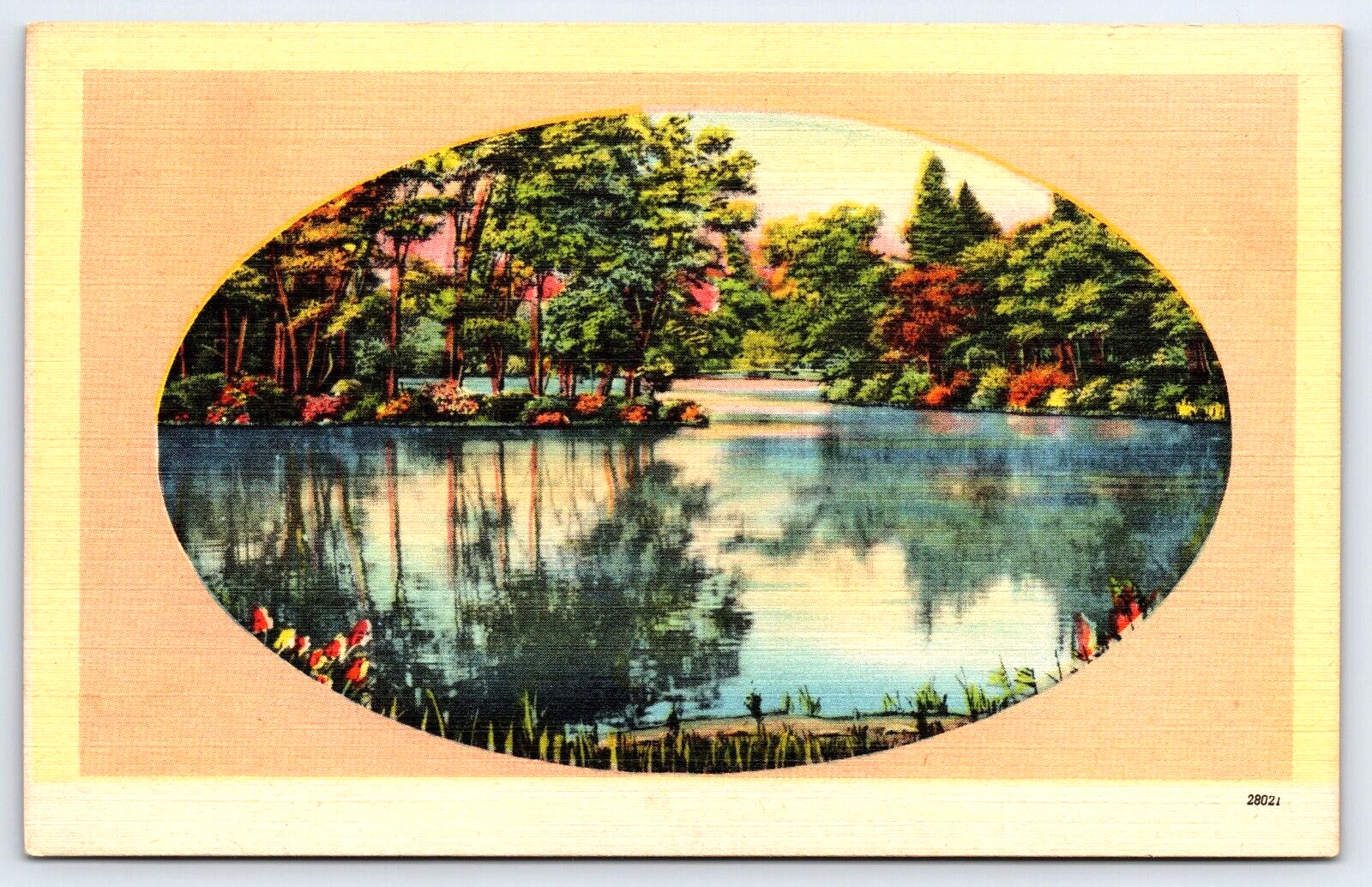 Original Old Antique Vintage Outdoor Postcard Lake Trees Flowers Oval
