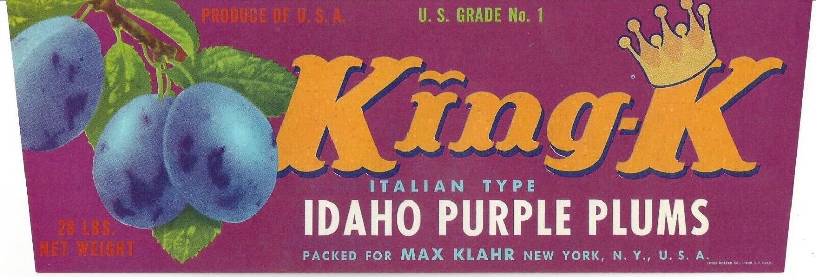 Original KING K Idaho purple plum crate label Max Klahr New York, NY crown