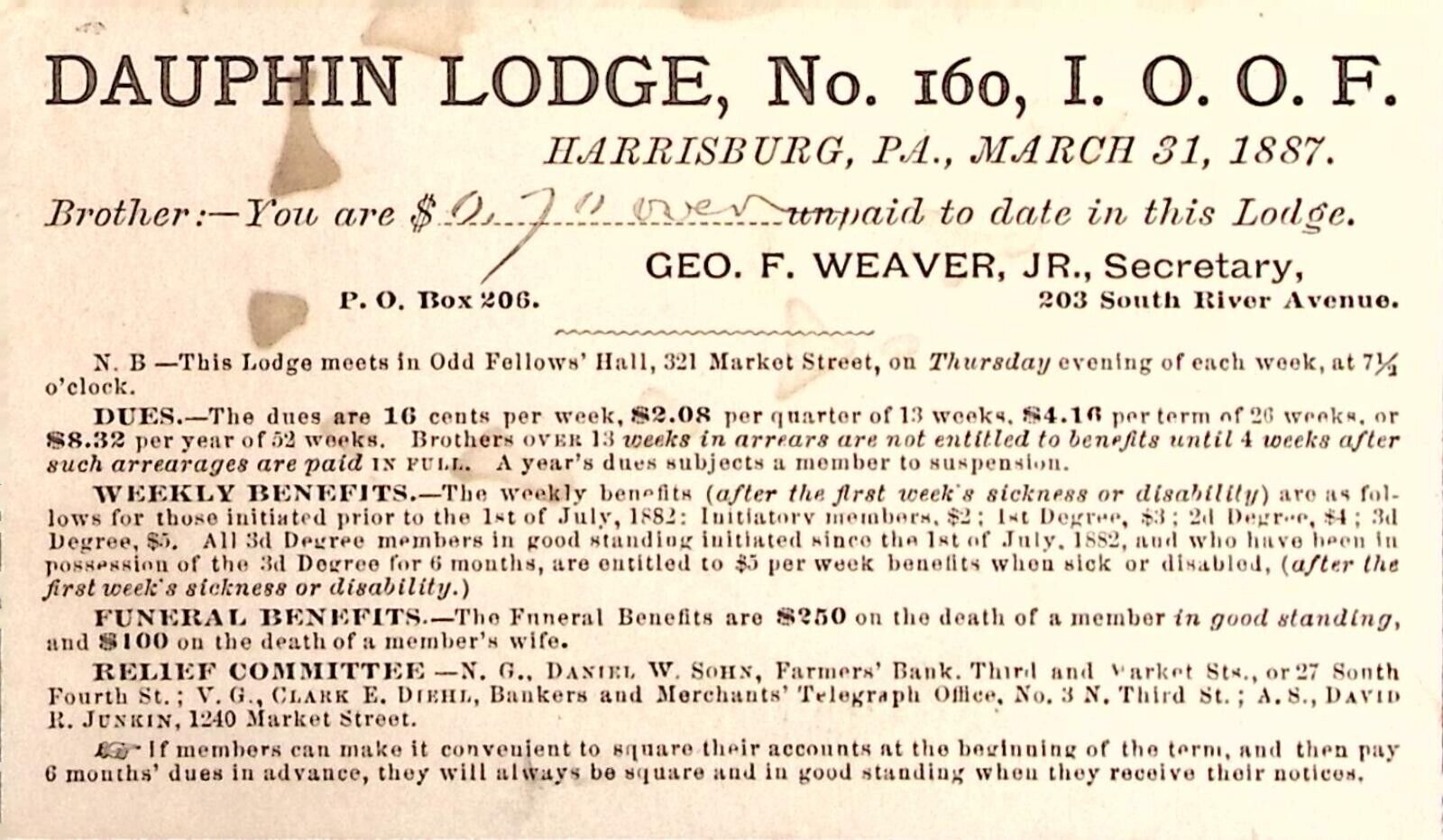 IOOF International Order of Oddfellows Harrisburg PA 1800s Dauphin Lodge Card