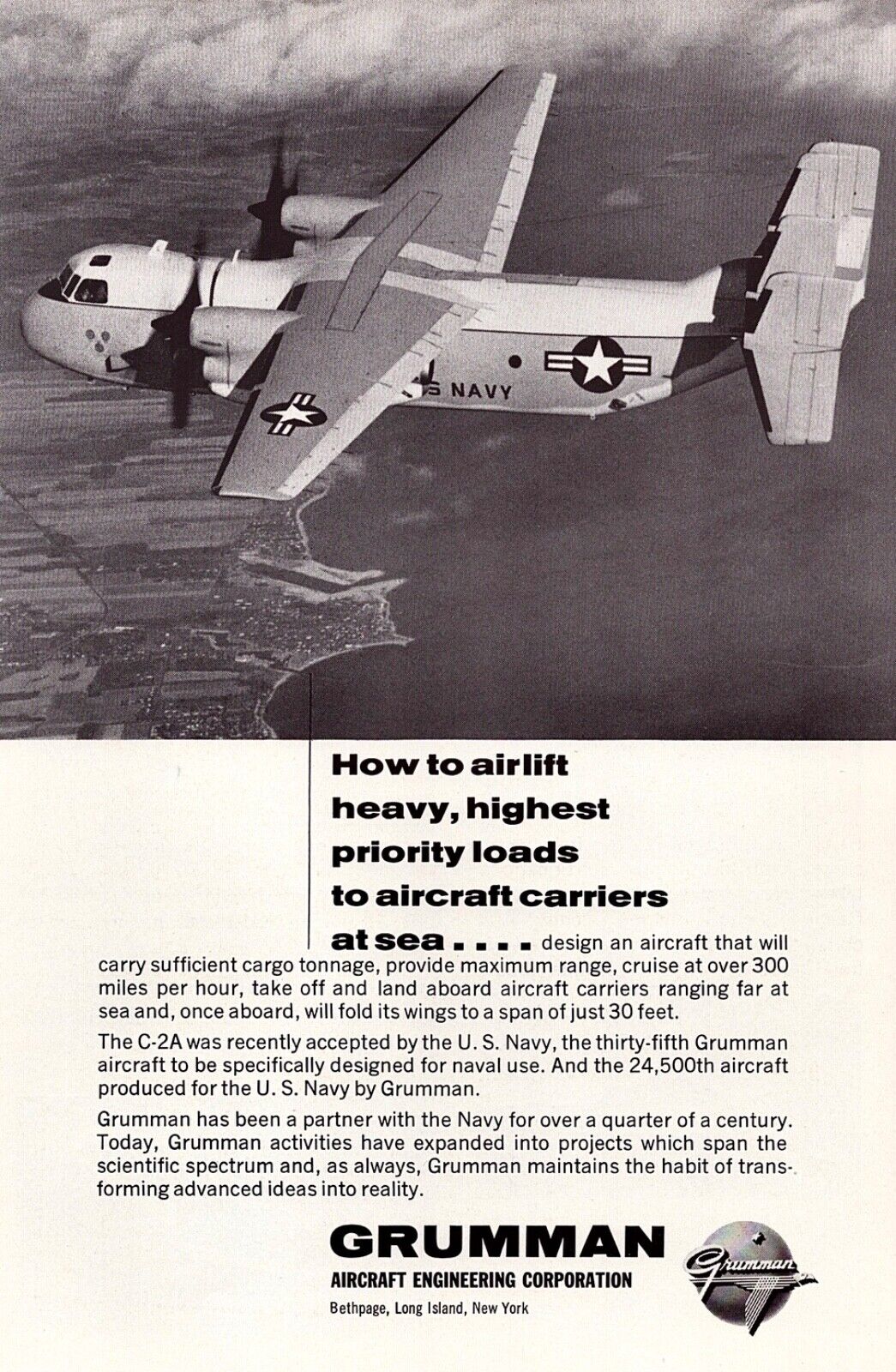1965 GRUMMAN C-2A Navy Aircraft Carrier ~ VINTAGE PRINT AD