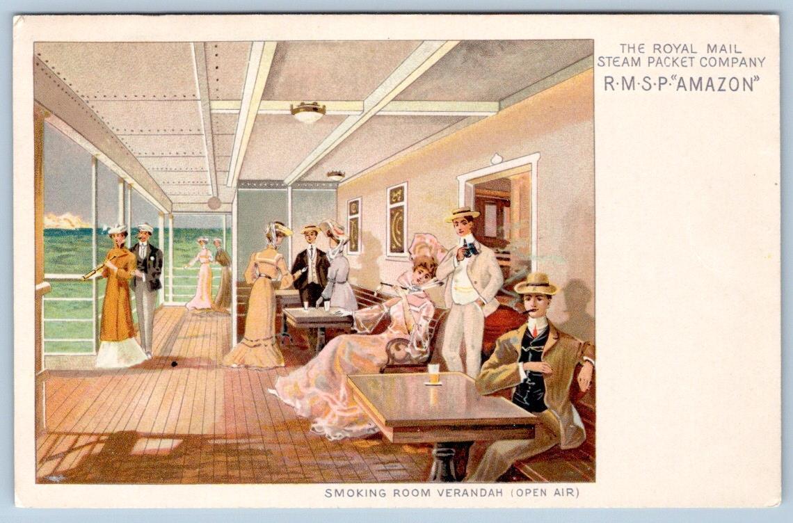 RMSP AMAZON ROYAL MAIL STEAM PACKET CO SMOKING ROOM VERANDAH CRUISE SHIP 1910\'s