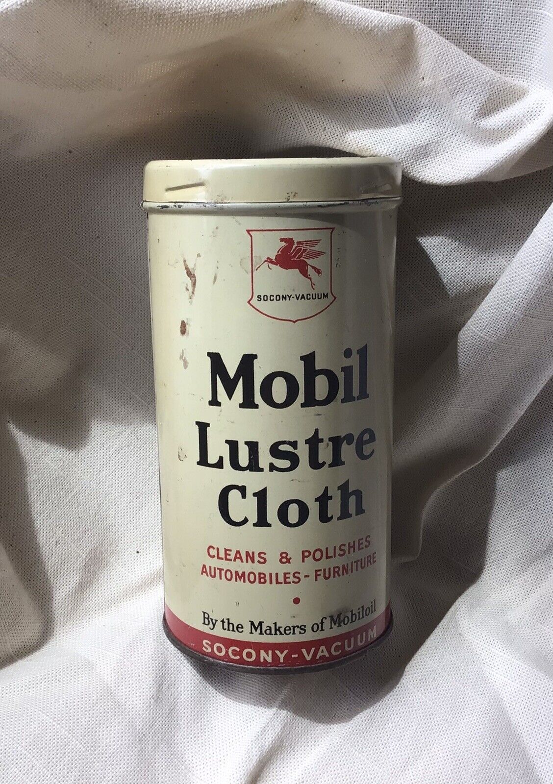 Mobil Lustre Cloth Tin Can - Socony Vacuum Oil Co - Canister -1940s - Pegasus