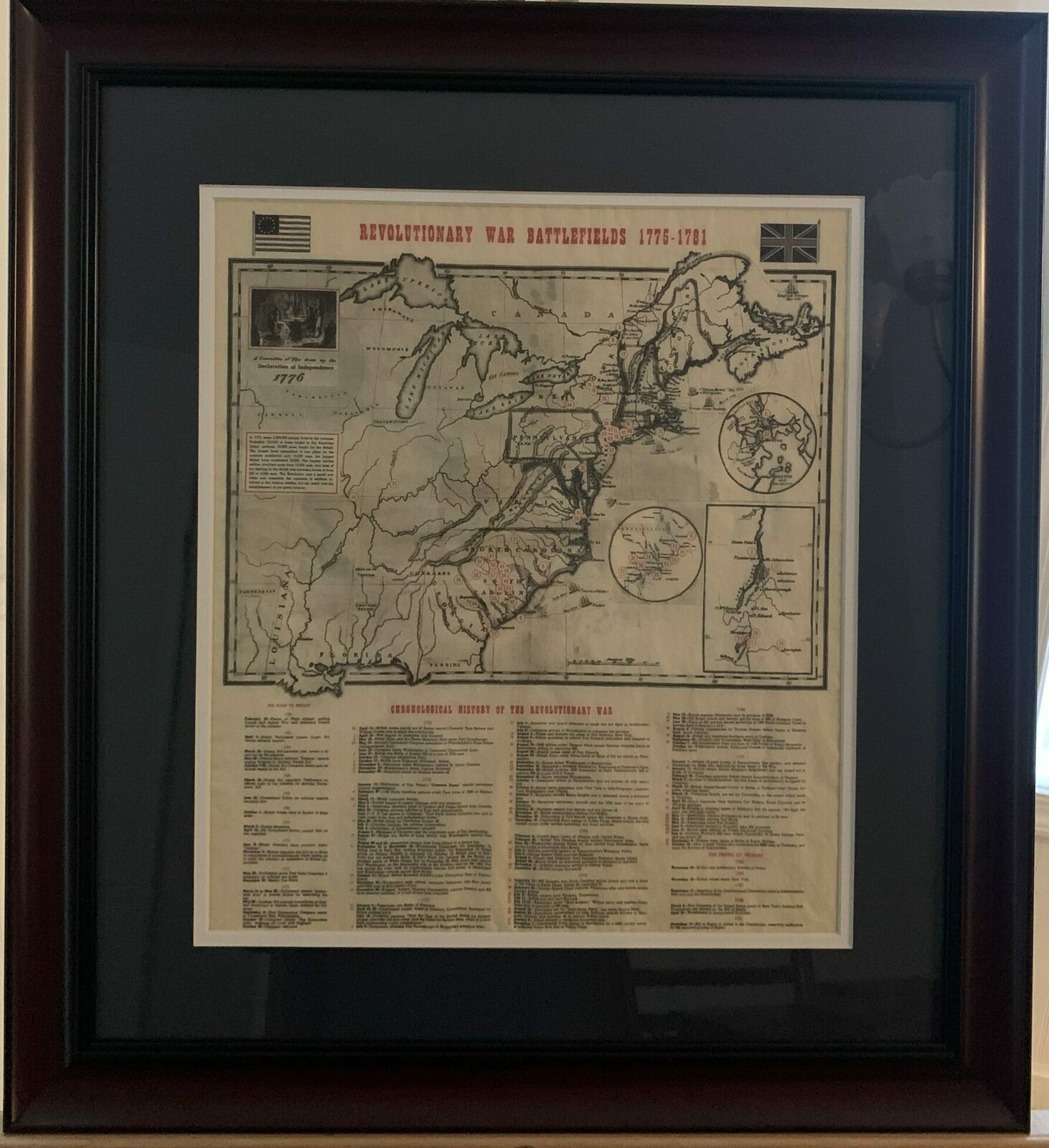 Chronological Map of Revolutionary War Battlefields in an Elegant Frame