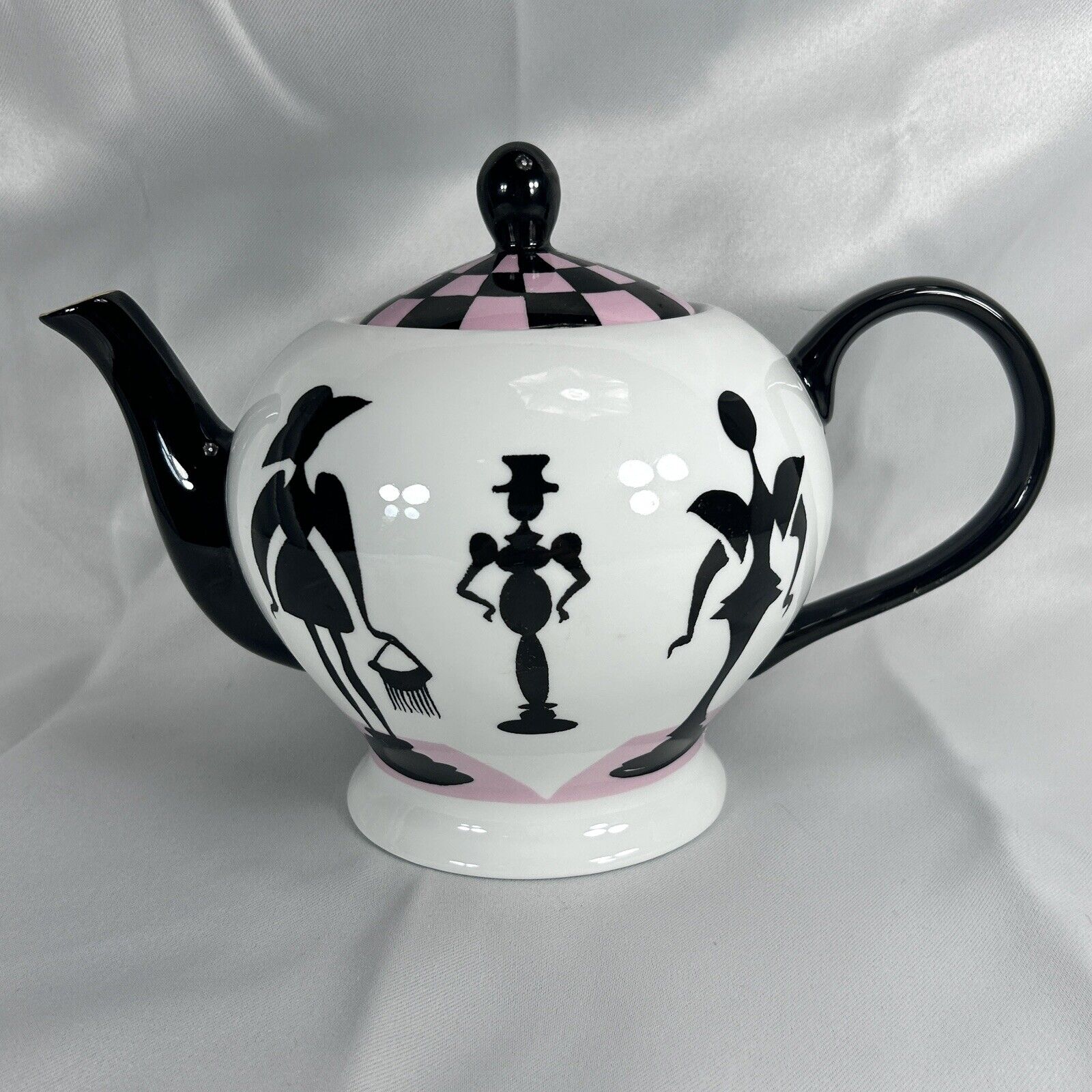 Nordstrom RUBIN TOLEDO Checkered Art Deco Ceramic Teapot w/Lid Silhouettes 48 oz