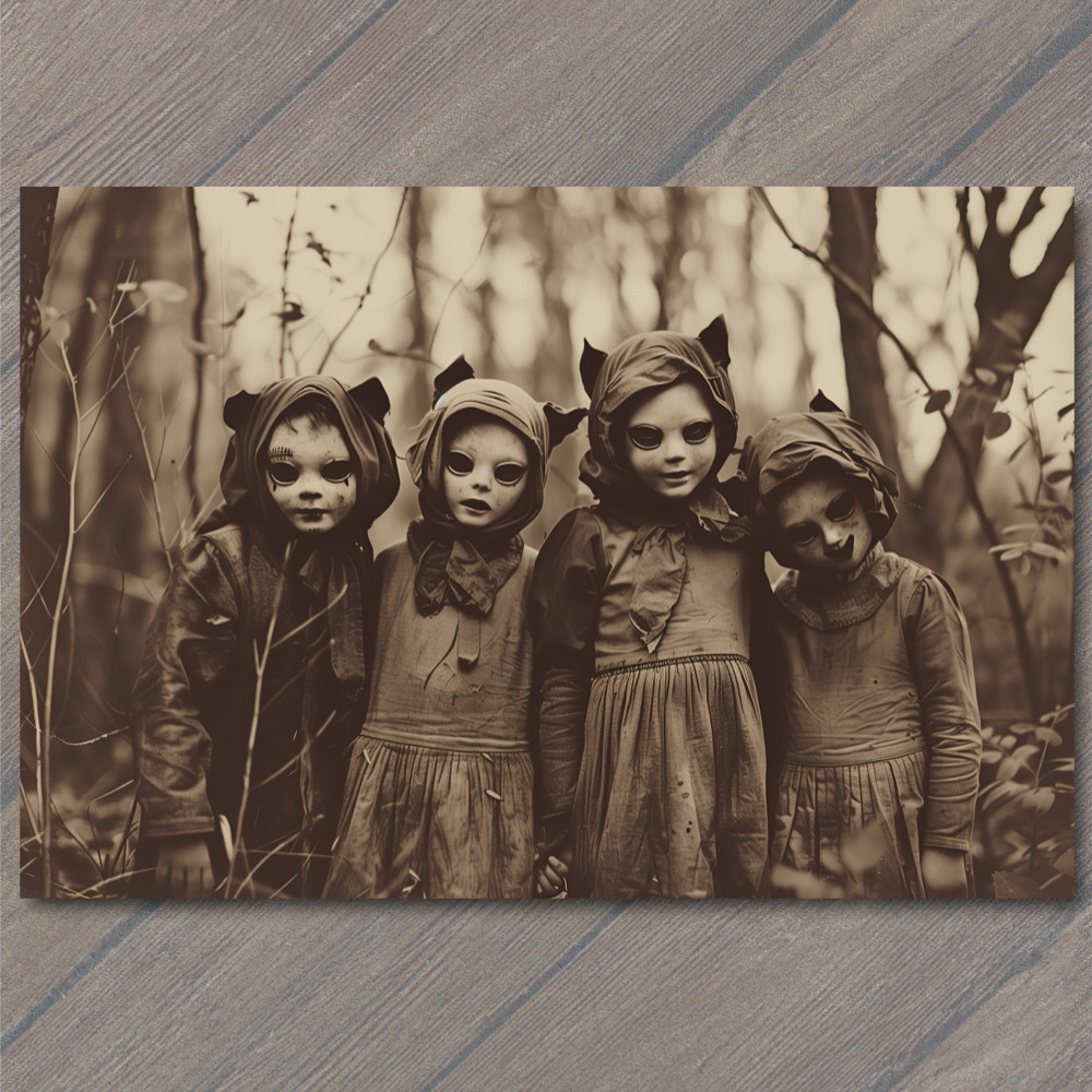 POSTCARD Weird Creepy Vintage Look Vibe Kids Masks Halloween Cult Unusual Family