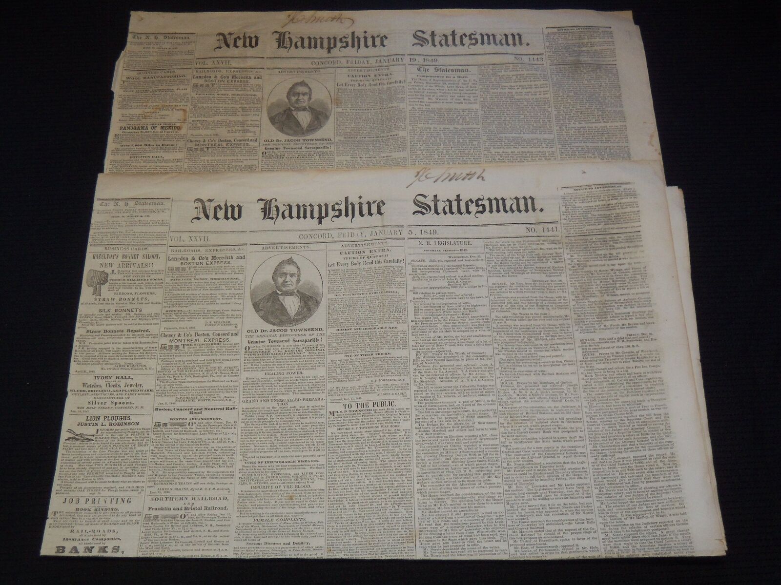 1849 NEW HAMPSHIRE STATESMAN NEWSPAPER LOT OF 2 - TAYLOR - GREELEY - NP 2150V