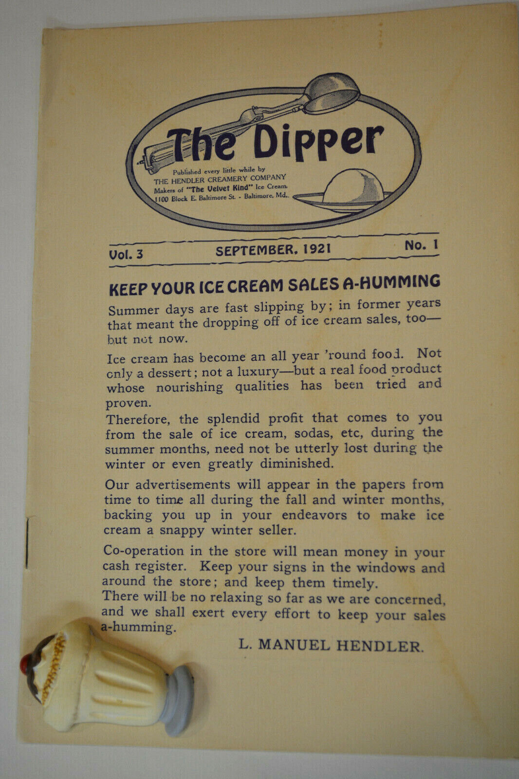 Sept 1921 The Dipper Magazine, Hendler Creamery Co, Baltimore, MD, Vol 3, #1