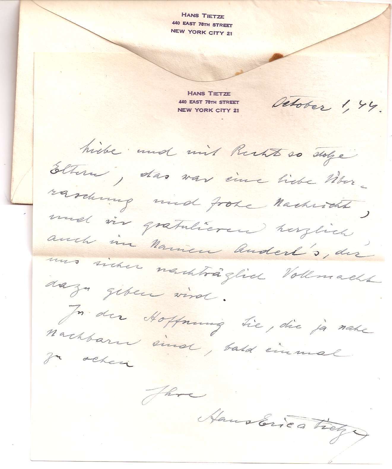 1944  Vienna’s avant-garde Art Historians Hans and Erica Tietze Handwritten Note