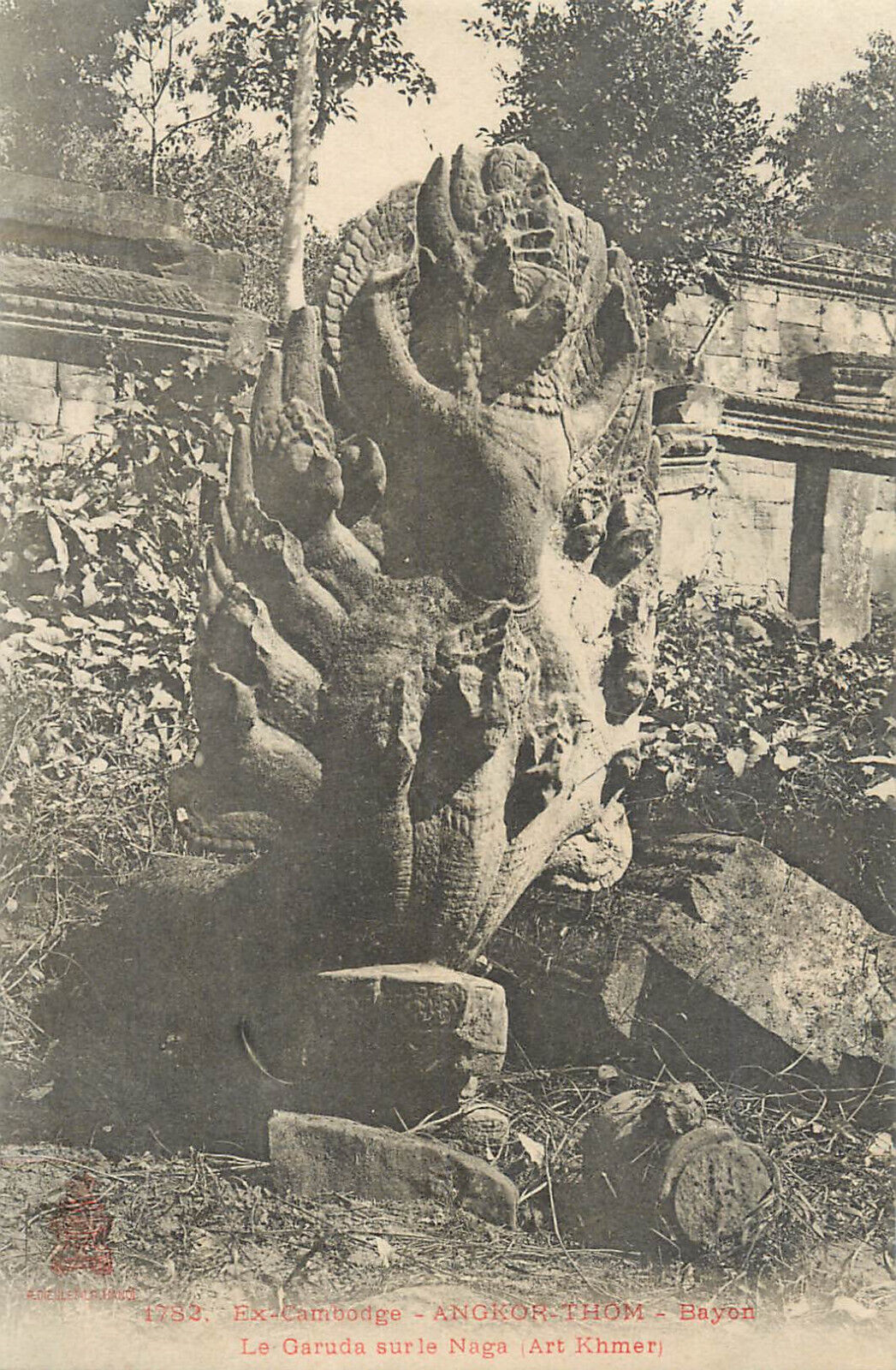 French Indochina Cambodia Angkor Thom temple Bayon Garuda Naga Art Khmer