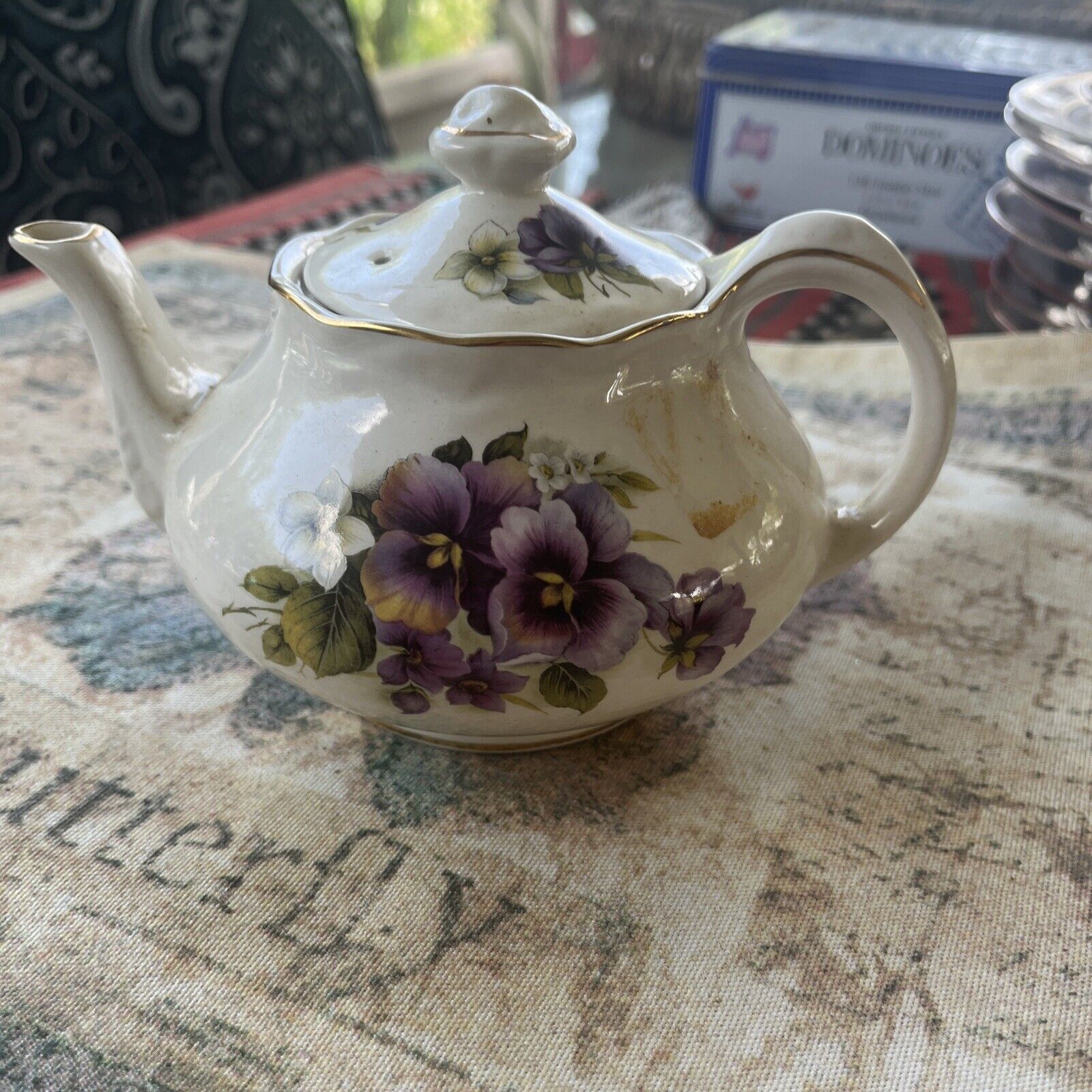 Vintage Staffordshire Crown Dorset Tea Pot made in England Purple Pansies Flower