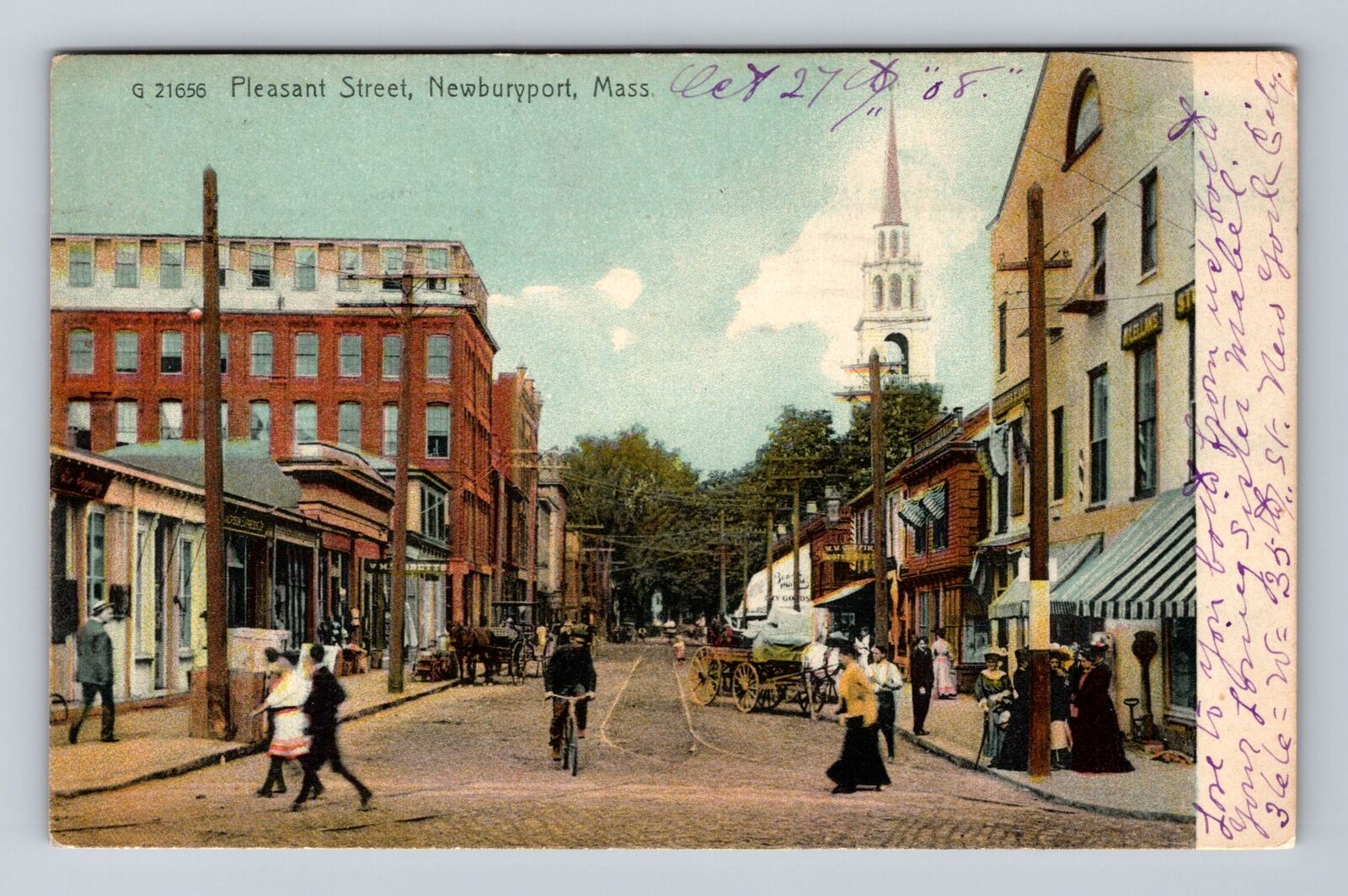 Newburyport MA-Massachusetts, Busy Pleasant Street, Vintage c1908 Postcard