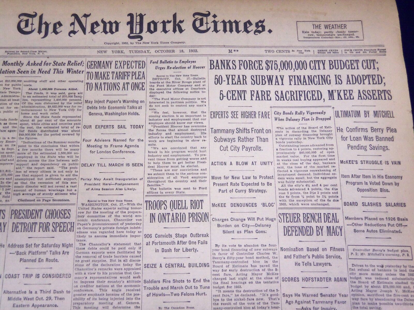 1932 OCTOBER 18 NEW YORK TIMES - BANKS FORCE CITY BUDGET CUT - NT 4064