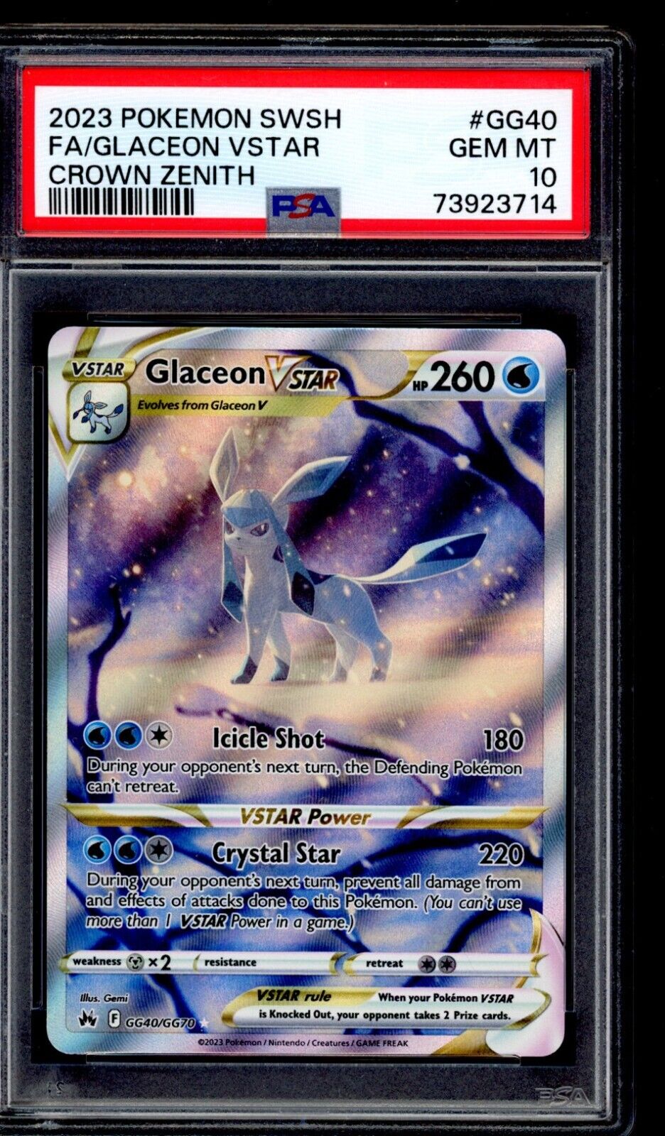 PSA 10 Glaceon Vstar 2023 Pokemon Card GG40/GG70 Crown Zenith
