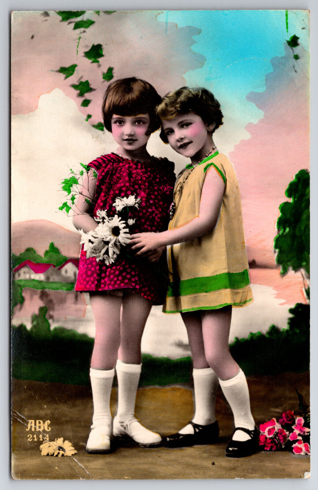 Vintage C1930 Postcard Brightly Tinted French Girls with Flowers