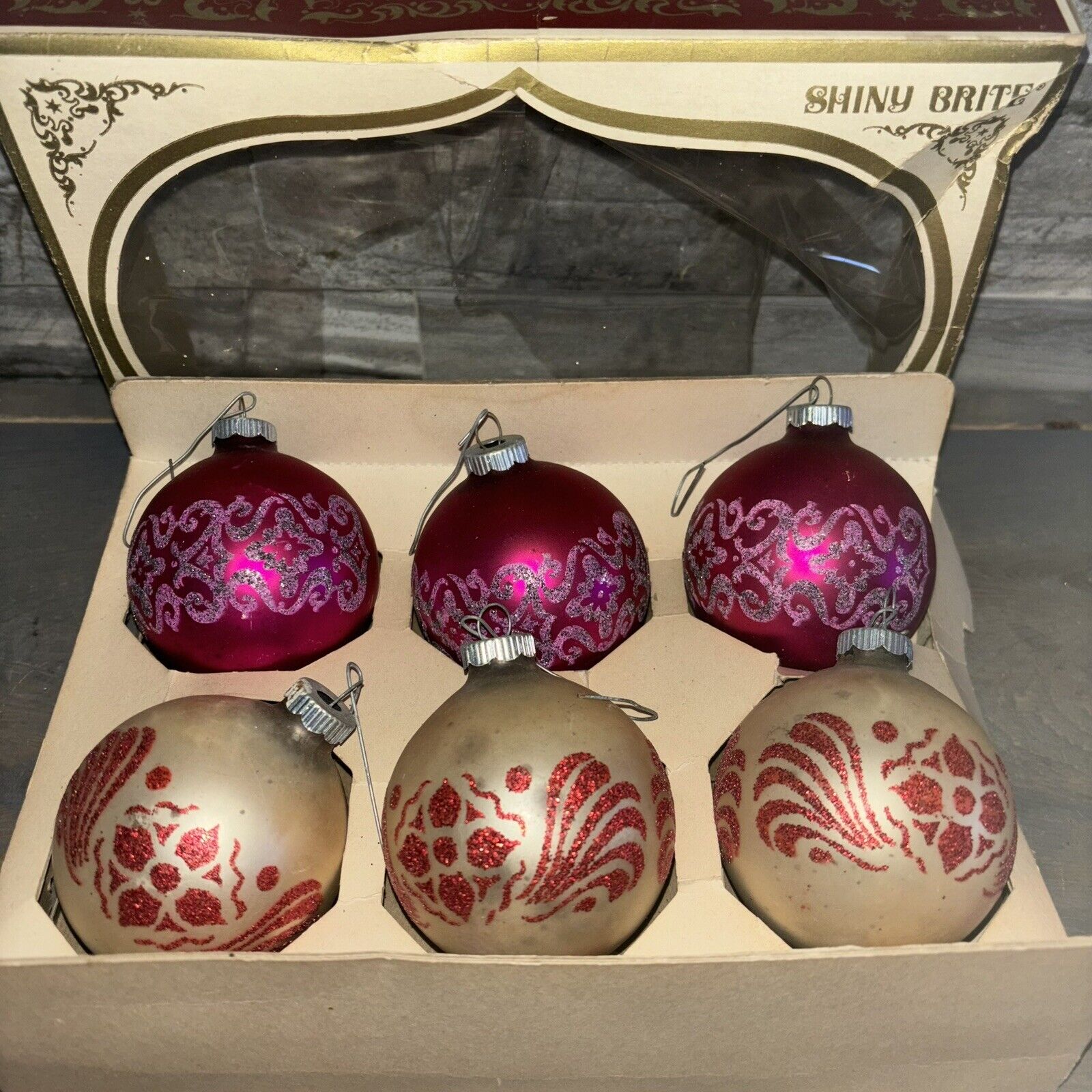 Vintage Shiny Brite Glass Stenciled Glitter Christmas Ball Ornaments Box Of 6