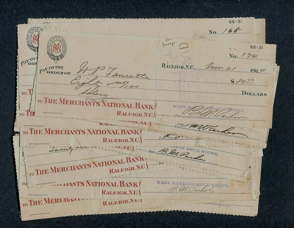 1914 Raleigh, N.C.  (22)  Used Bank Checks Issued by THE MERCHANTS NATIONAL BANK