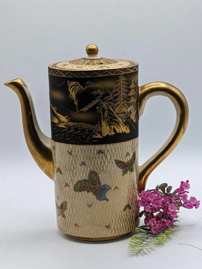 Satsuma Soko China Hand Painted Butterflies & Mt Fuji W/Gold Border Coffee Pot