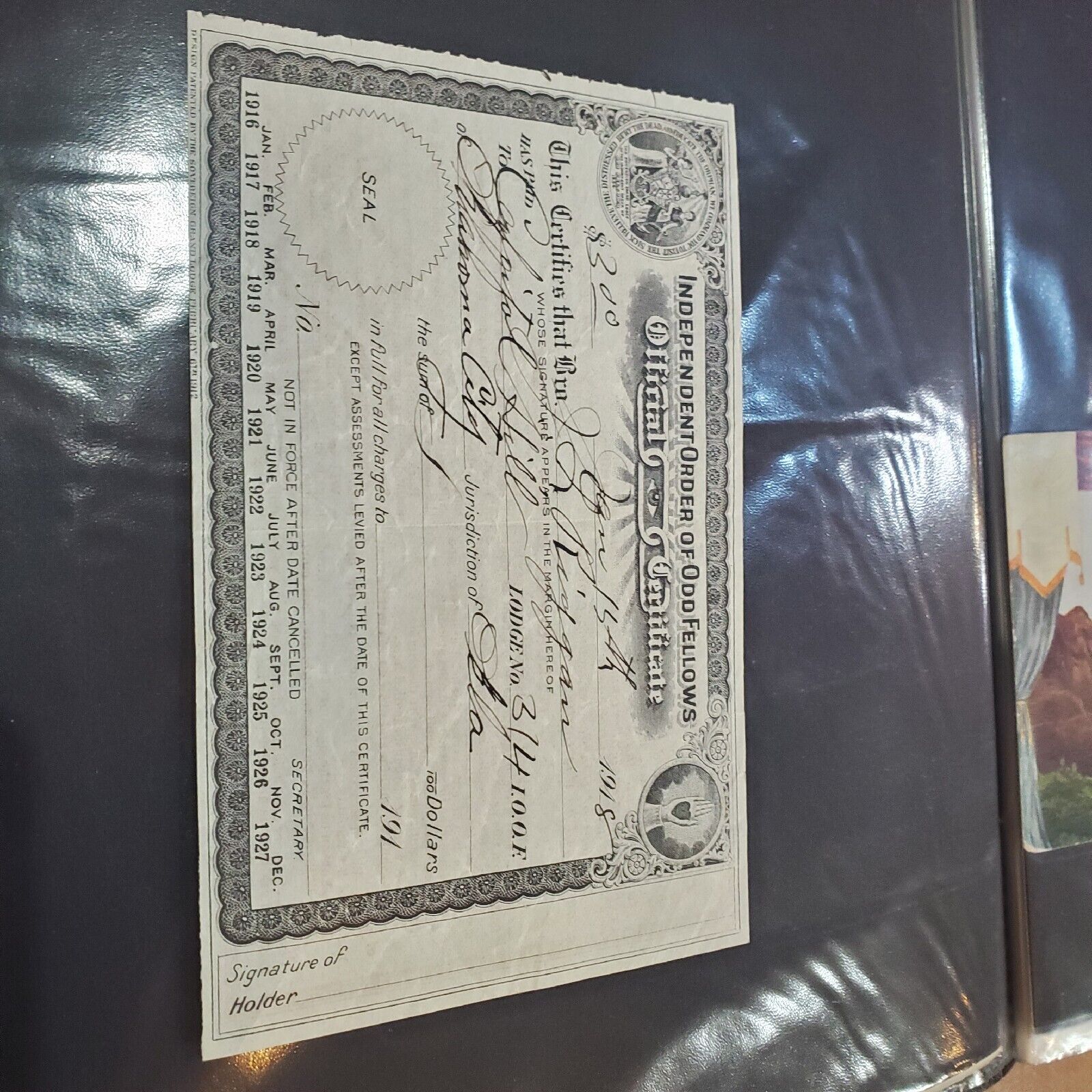 IOOF Official Certificate 1918
