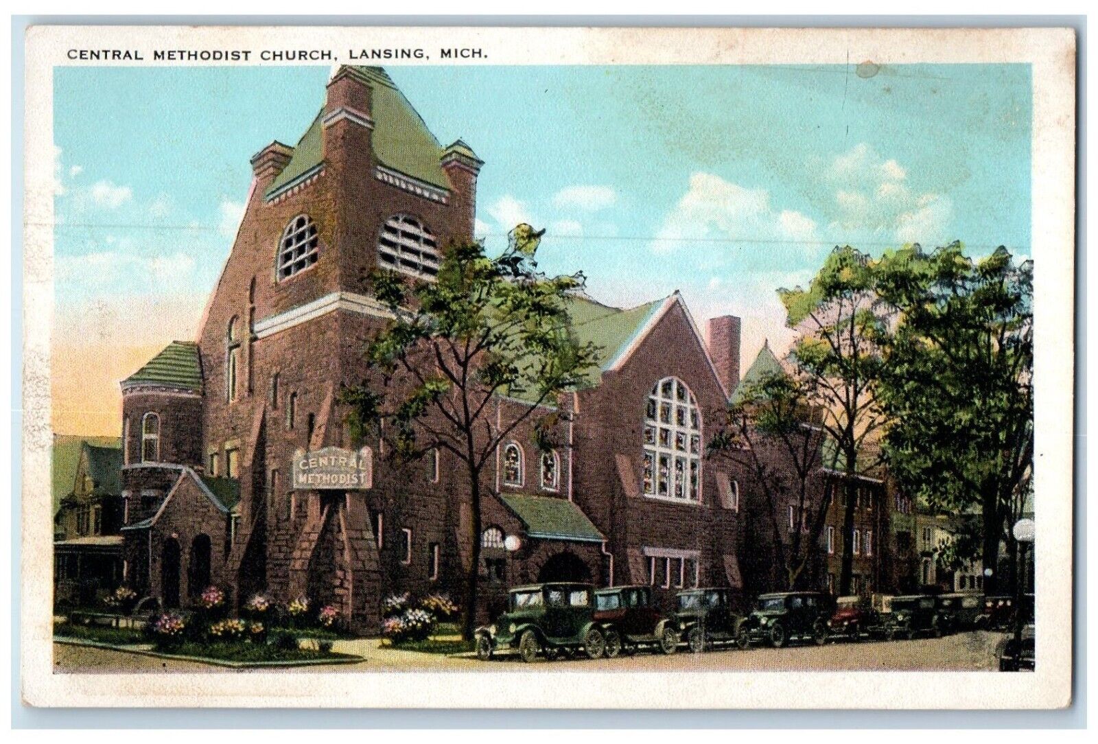 c1920 Central Methodist Church Chapel Exterior Street Lansing Michigan Postcard