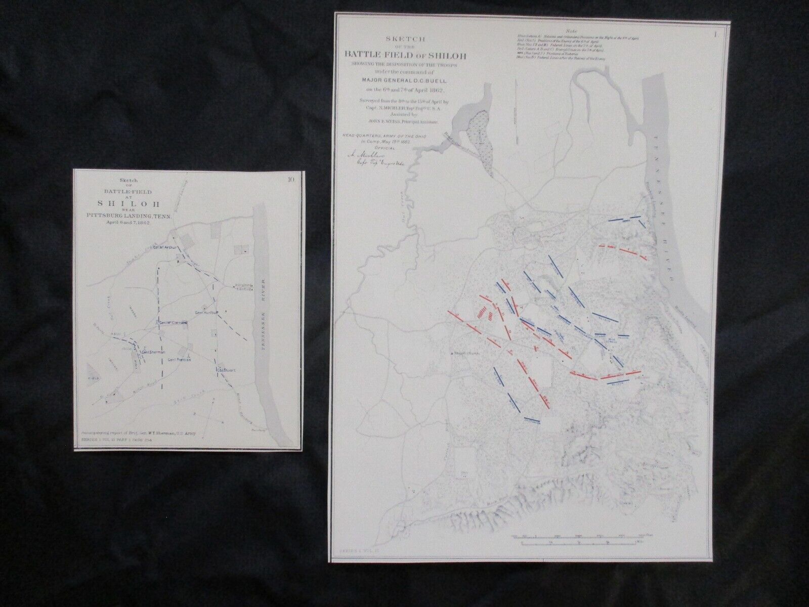 2 1958 Civil War Map Prints - Battlefield of  Shiloh, Tennessee, Army Positions