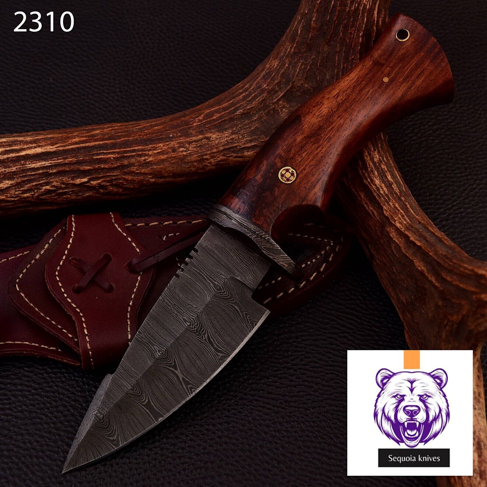 Custom Handmade Damascus Steel Bowie Hunting Knife Wood Handle W/ Sheath 2310