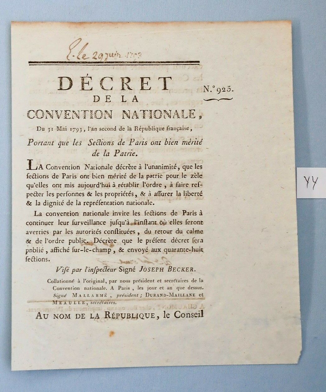 1793 French Revolution National Convention Decree Paris Insurrection Barras  