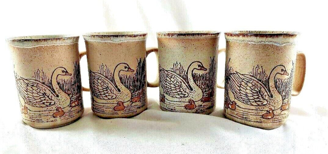 Duncan Ceramics Mugs Cups Swan Duck Embossed Vintage Scotland Set of 4