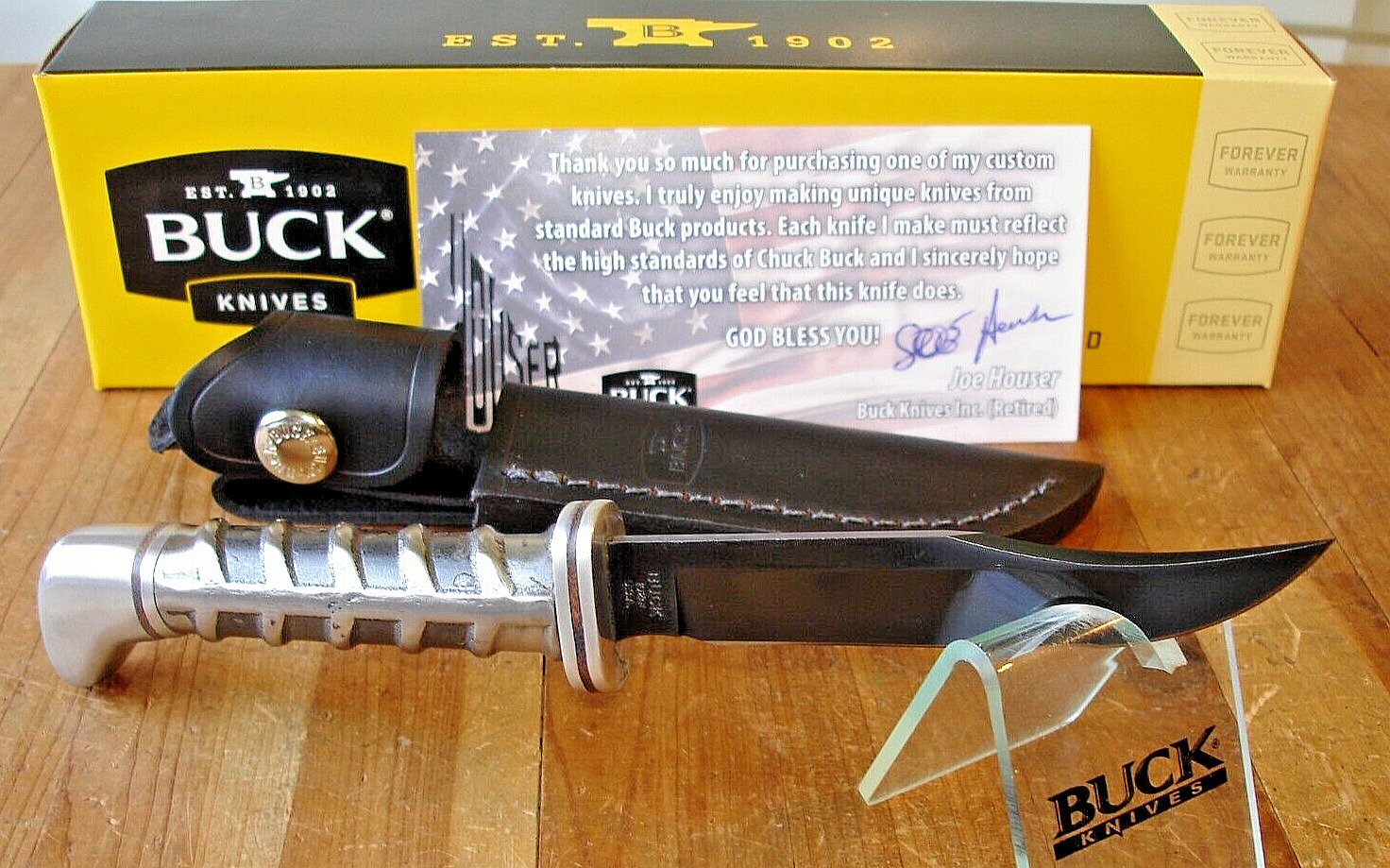JOE HOUSER CUSTOM BUCK KNIFE 102 WOODSMAN REBAR HANDLE BLACK 5160 BLADE + SHEATH