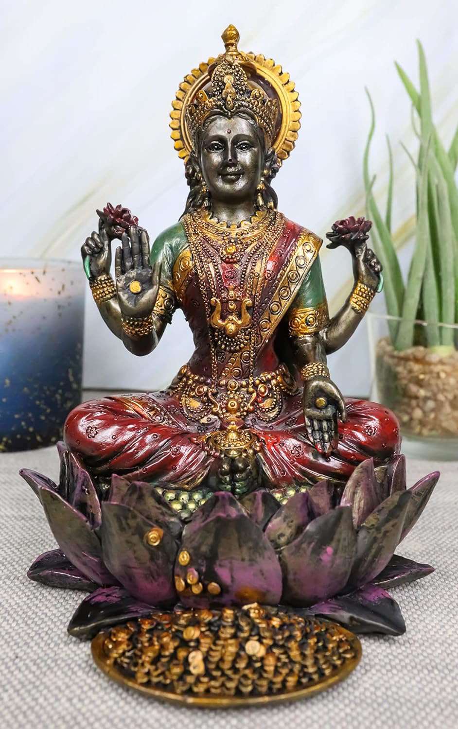 Ebros Beautiful Hindu Goddess Lakshmi Seated On Lotus Flower Statue 6.25\