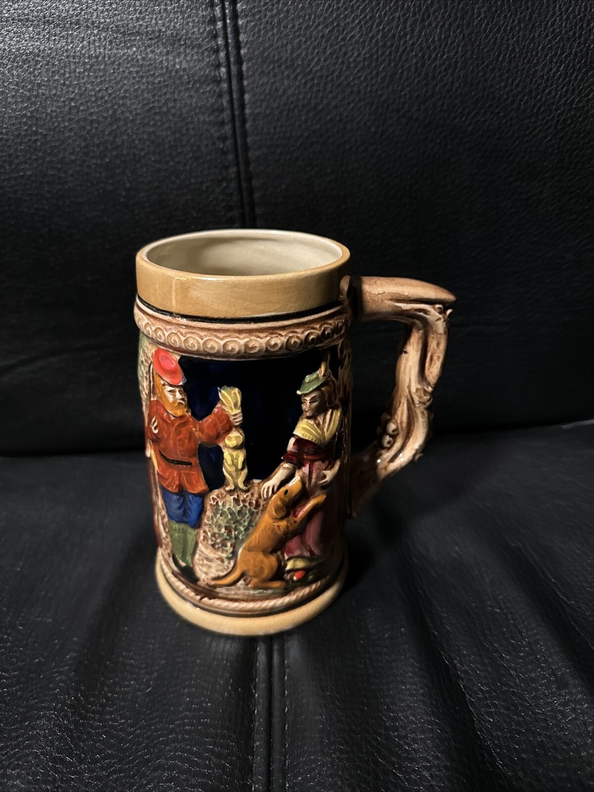 Vintage Ceramic Beer Stein Hunter And Woman With Dog And Rabbit Japan