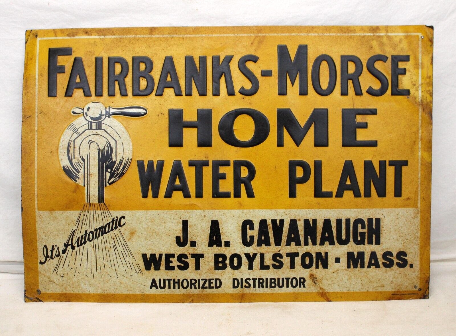 rare FAIRBANKS-MORSE Home Water Plant TIN ADVERTISING SIGN West Boylston MASS