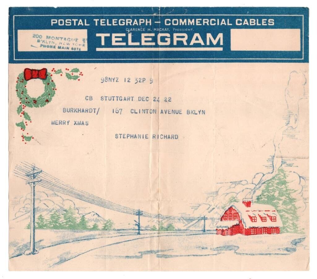 Vintage 1922 Christmas Greeting Telegram ~ Stuttgart, Germany to Brooklyn, NY