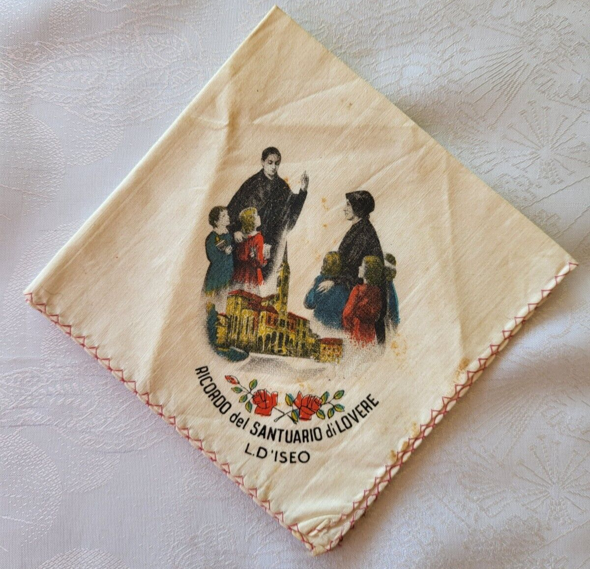 VTG Religious Souvenir Handkerchief Ricordo del Santuario di Lovere D\'Iseo Italy