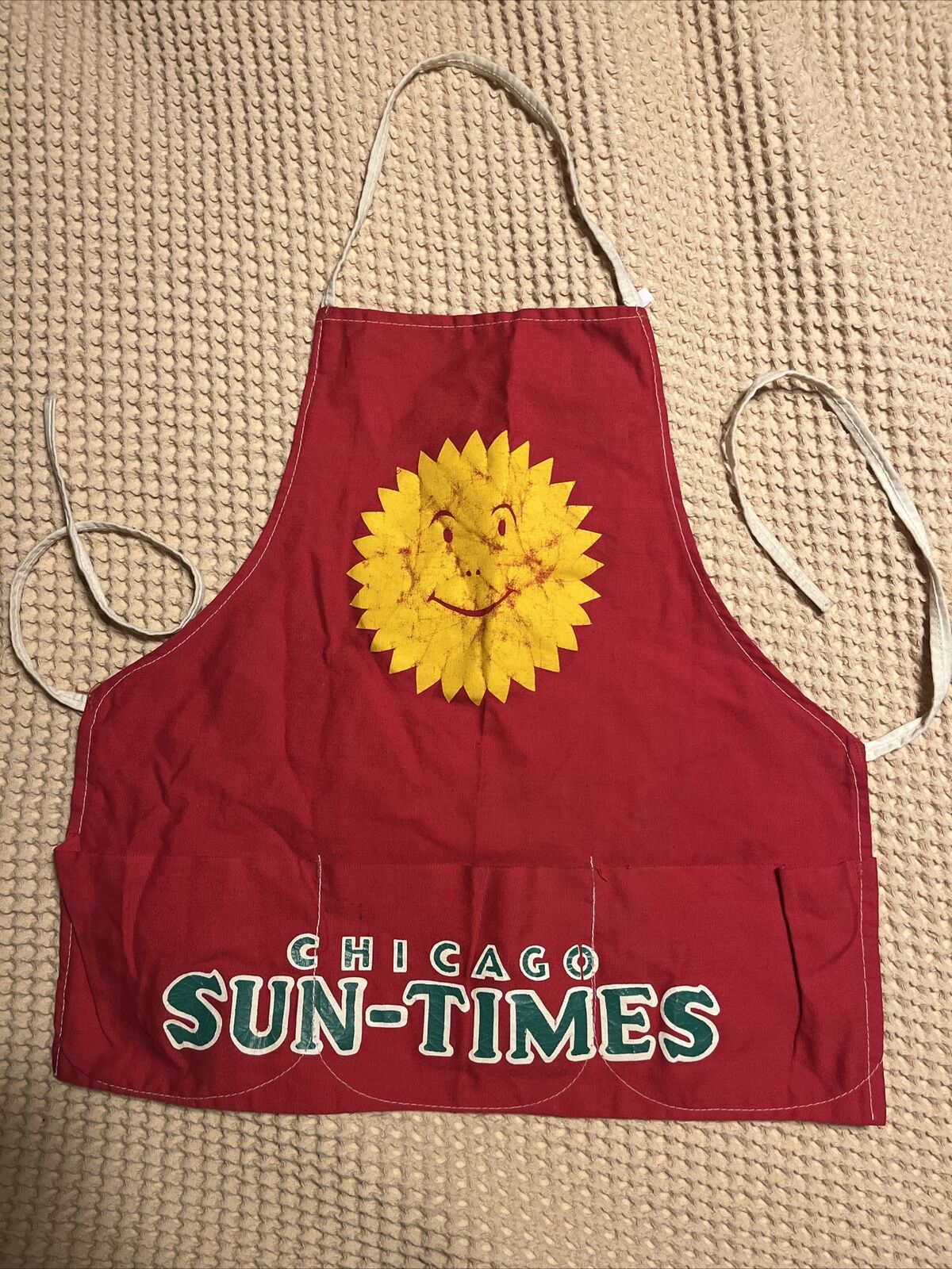 Vintage Chicago Sun Times Advertising Newspaper Delivery Red Apron Smiling Sun