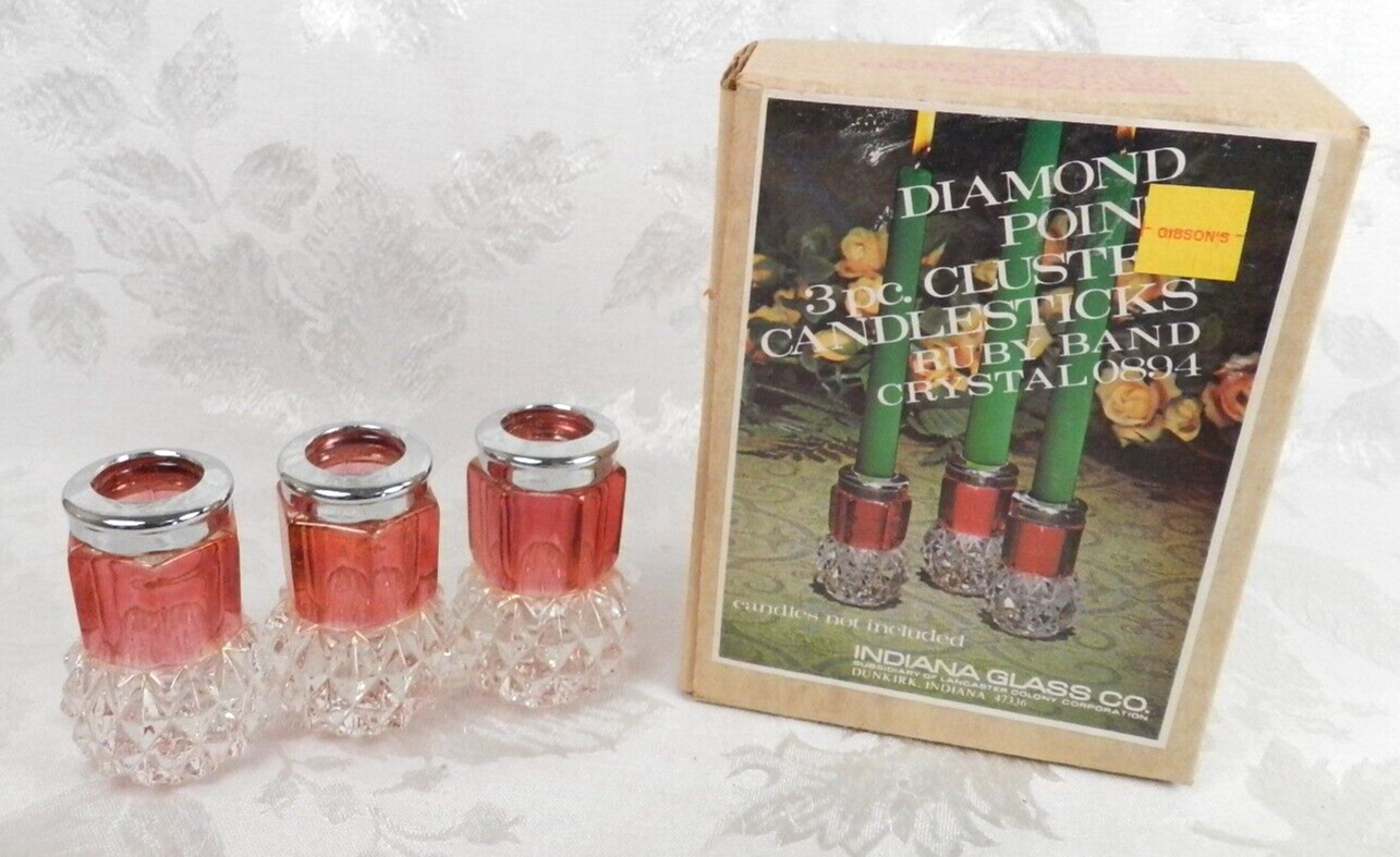 3 Vtg Indiana Glass Candlesticks Ruby Flash Band Diamond Point Crystal 0894 NOS