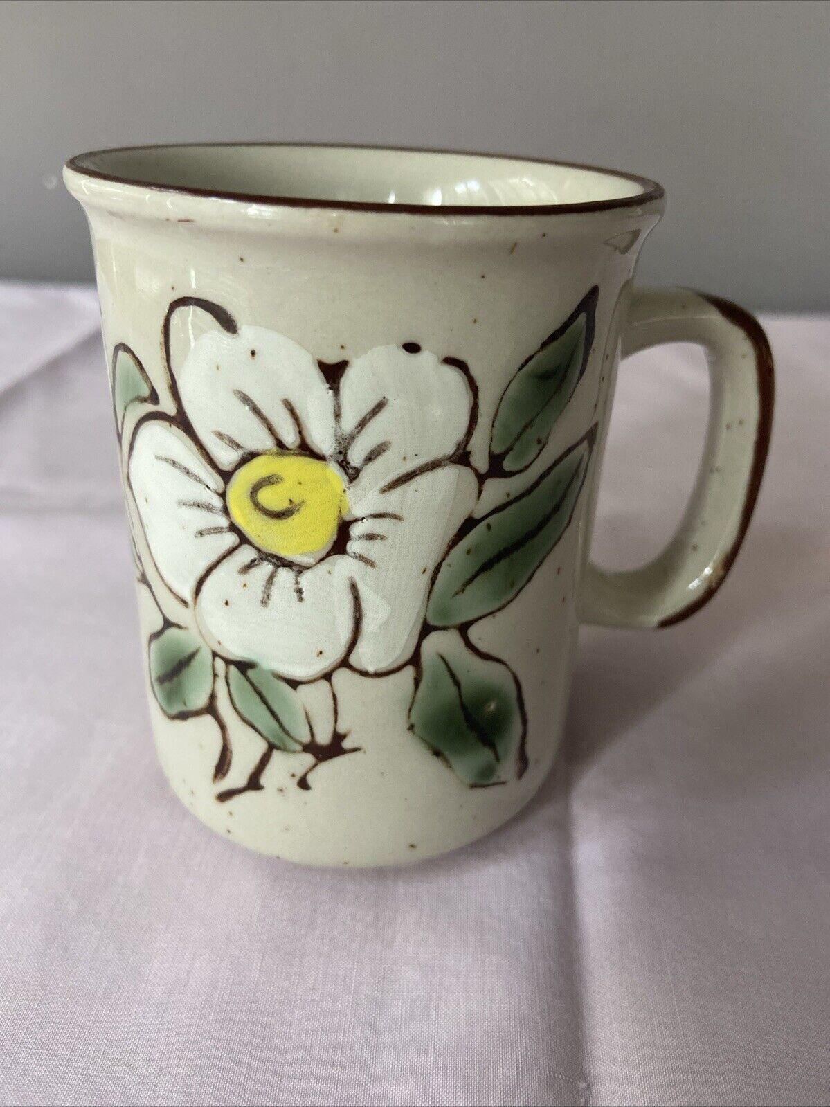 Vintage Stoneware Coffee Cup Small Floral Handpainted 1970\'s-80\'s Unbranded