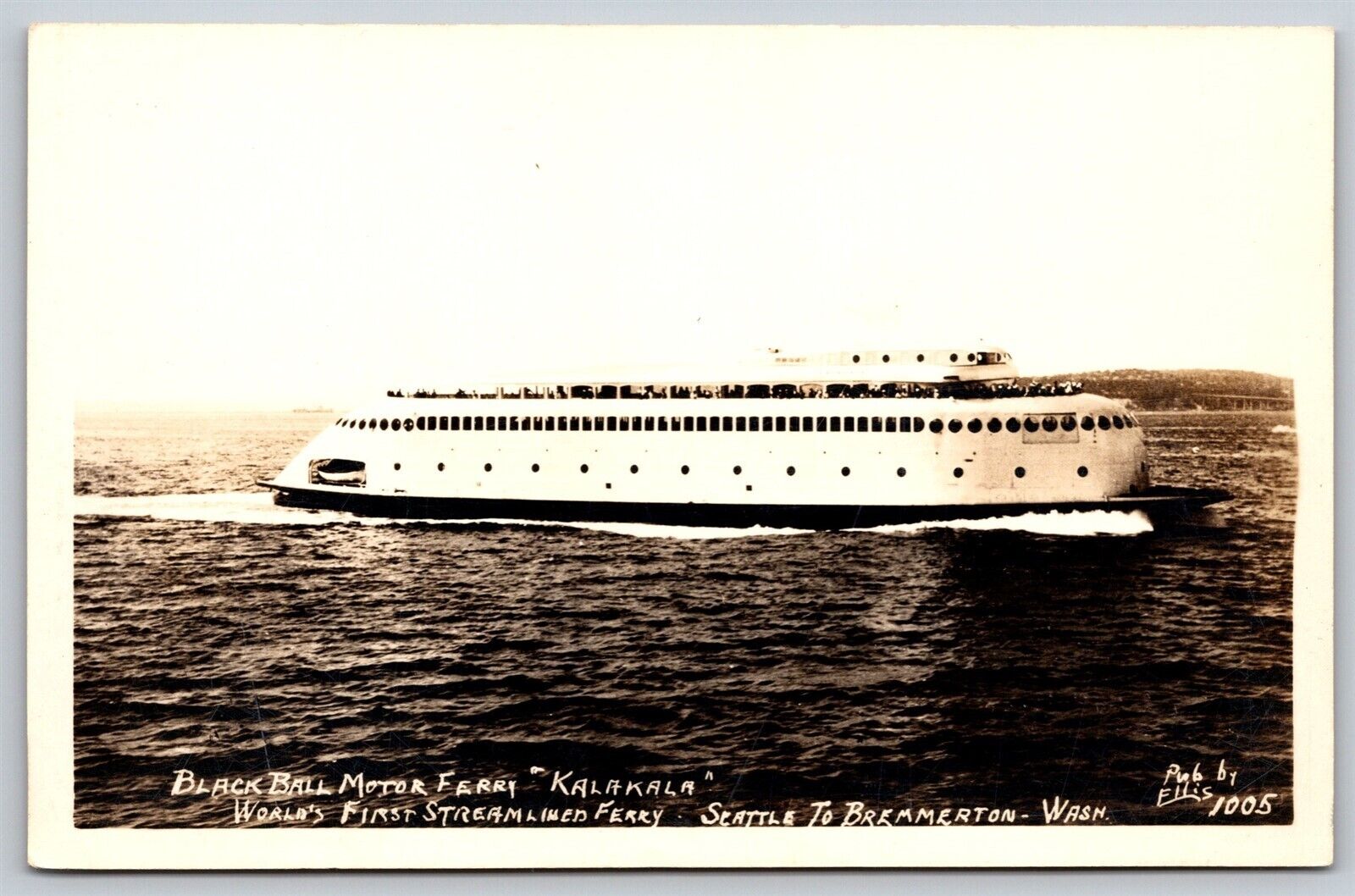 Streamlined Ferry Kalakala Seattle WA RPPC  Postcard Black Ball Motor