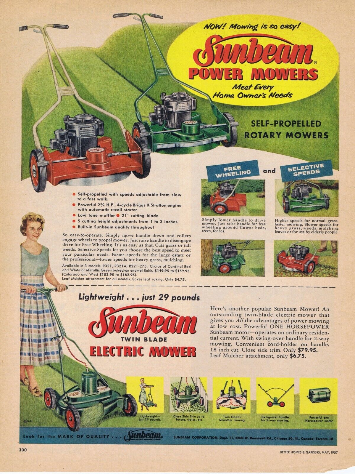 1957 Vintage Ad - SUNBEAM ROTARY & ELECTRIC MOWERS