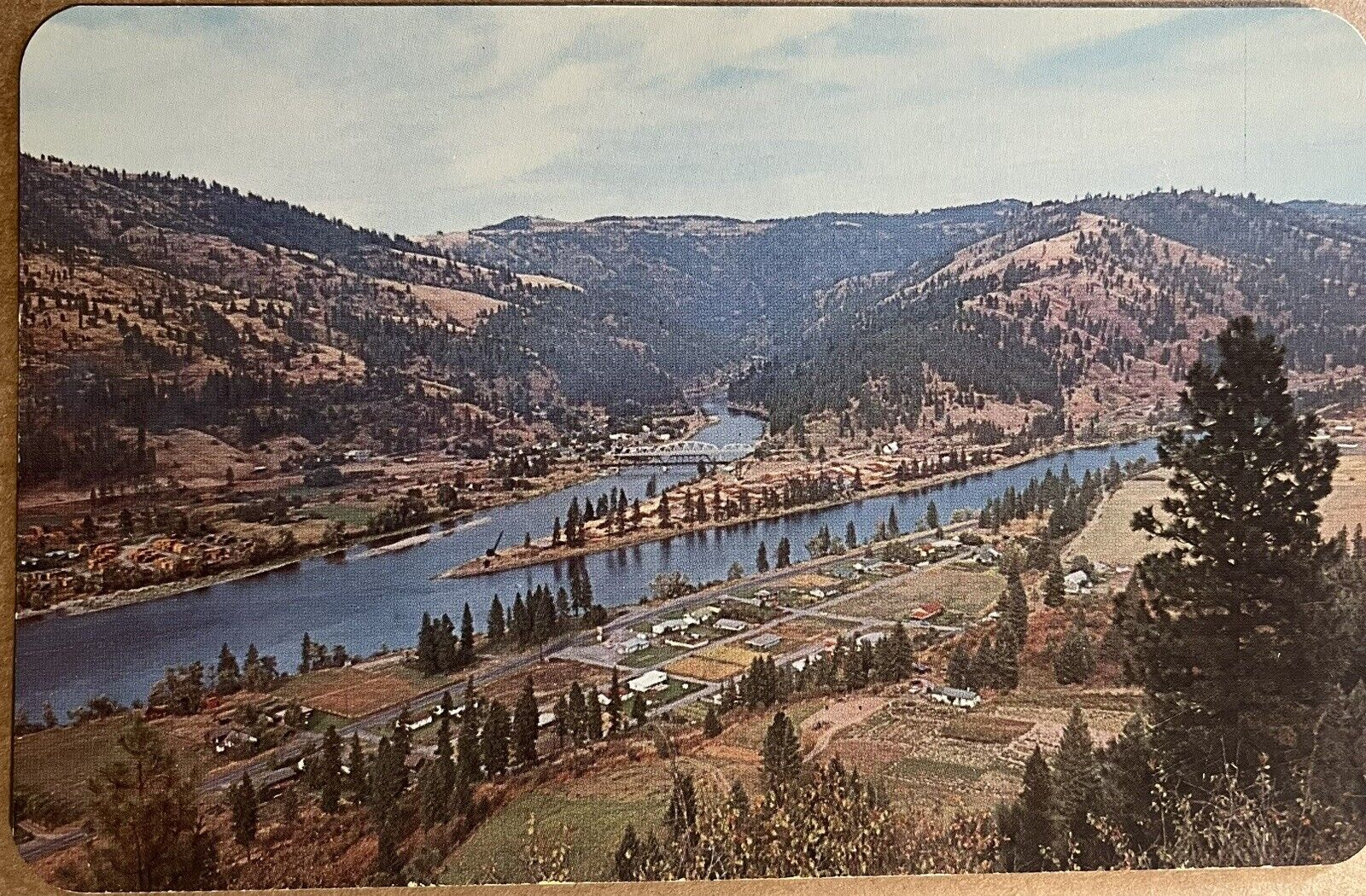 Ahsahka Idaho Canoe Camp Aerial View Clearwater River Orofino Postcard c1970