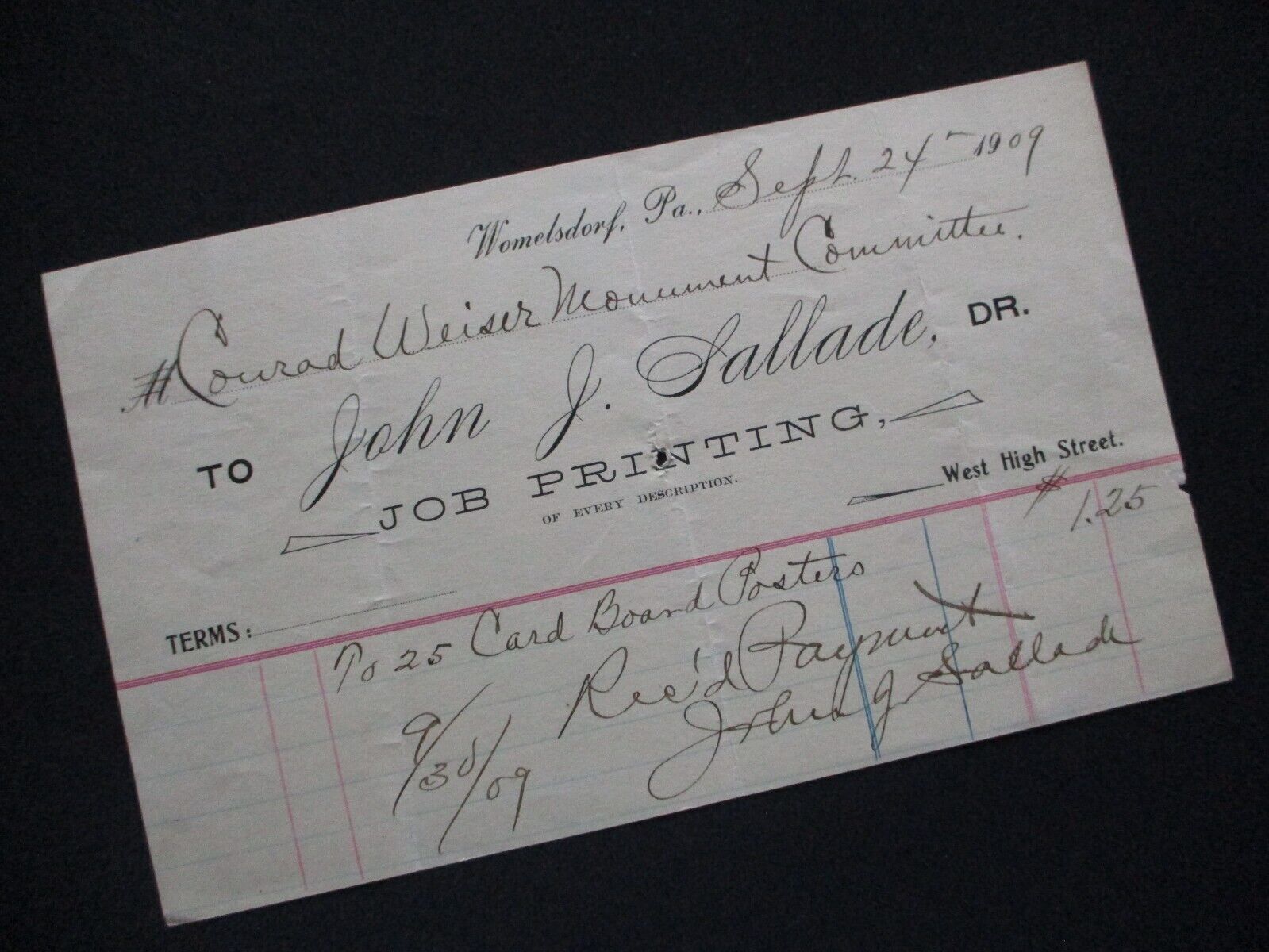 1909 John R. Sallade Signed Womelsdorf,Pa. Job Printing Letterhead