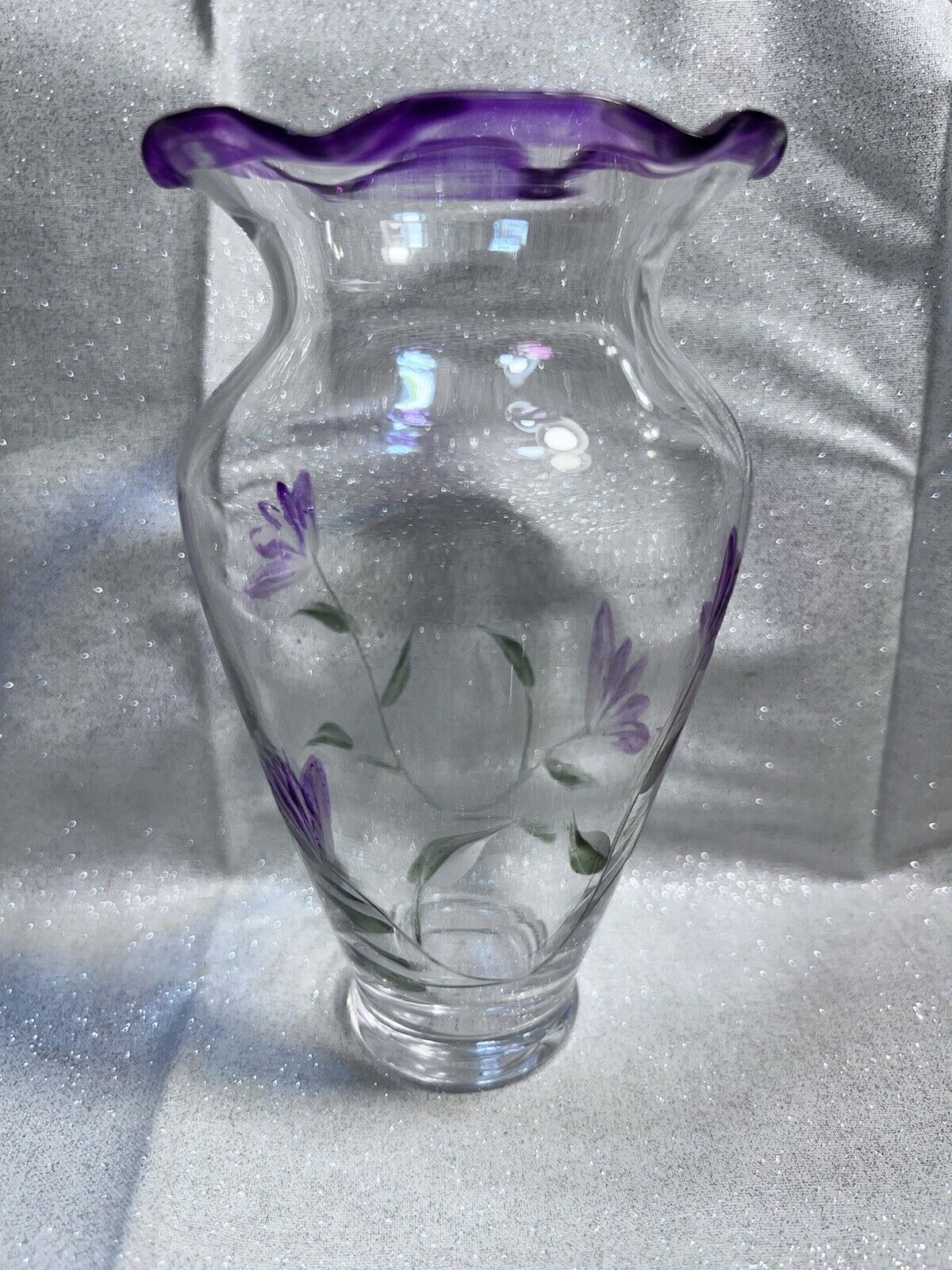 LENOX VASE SCALLOPED RIM ETCHED GLASS HAND PAINTED