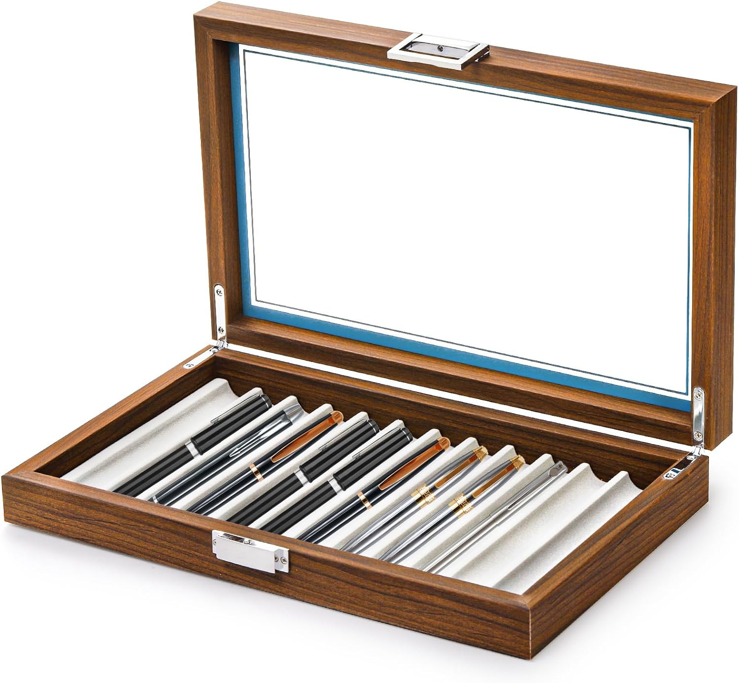 Black Walnut Wood Pen Display Box 12 Slot Fountain Pen Organizer with Glass