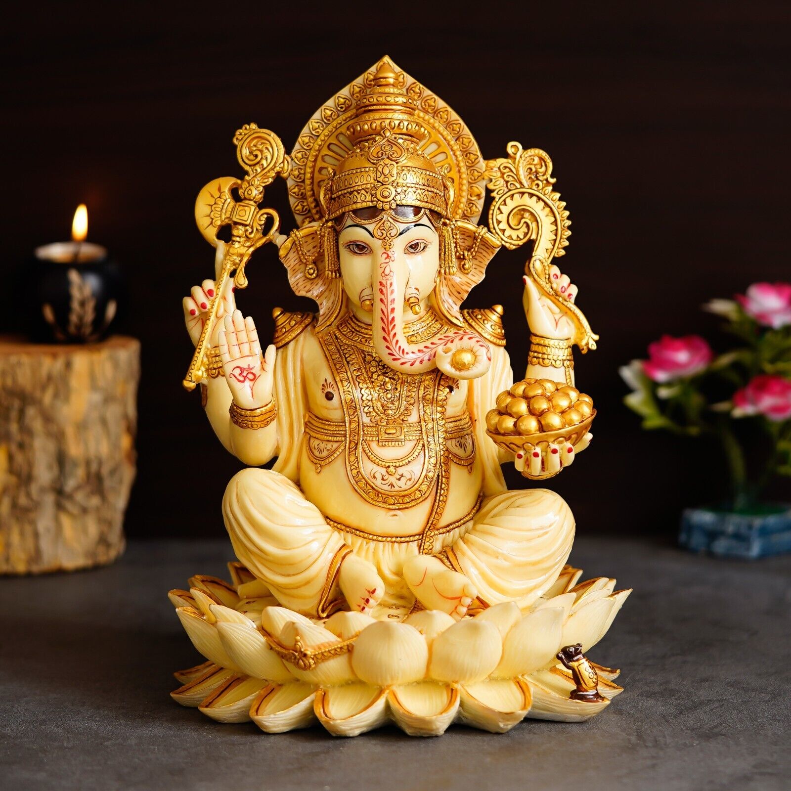12 Inch Lord Ganesha Sculpture Ganpati Vinayank Sitting on Lotus Idol Figurine