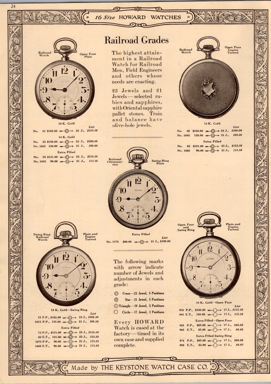 Howard Watches 16 Size Railroad Grade Pocketwatch  1924 Illustrated Catalog Page