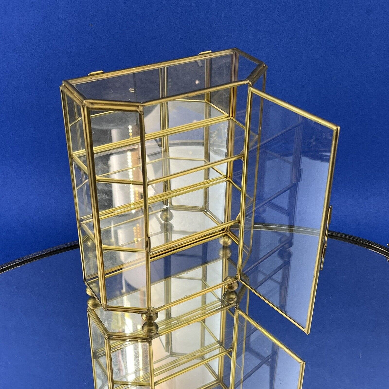 Vintage Glass Brass Display Case Curio Cabinet Mirrored Trinket Box 7.5”
