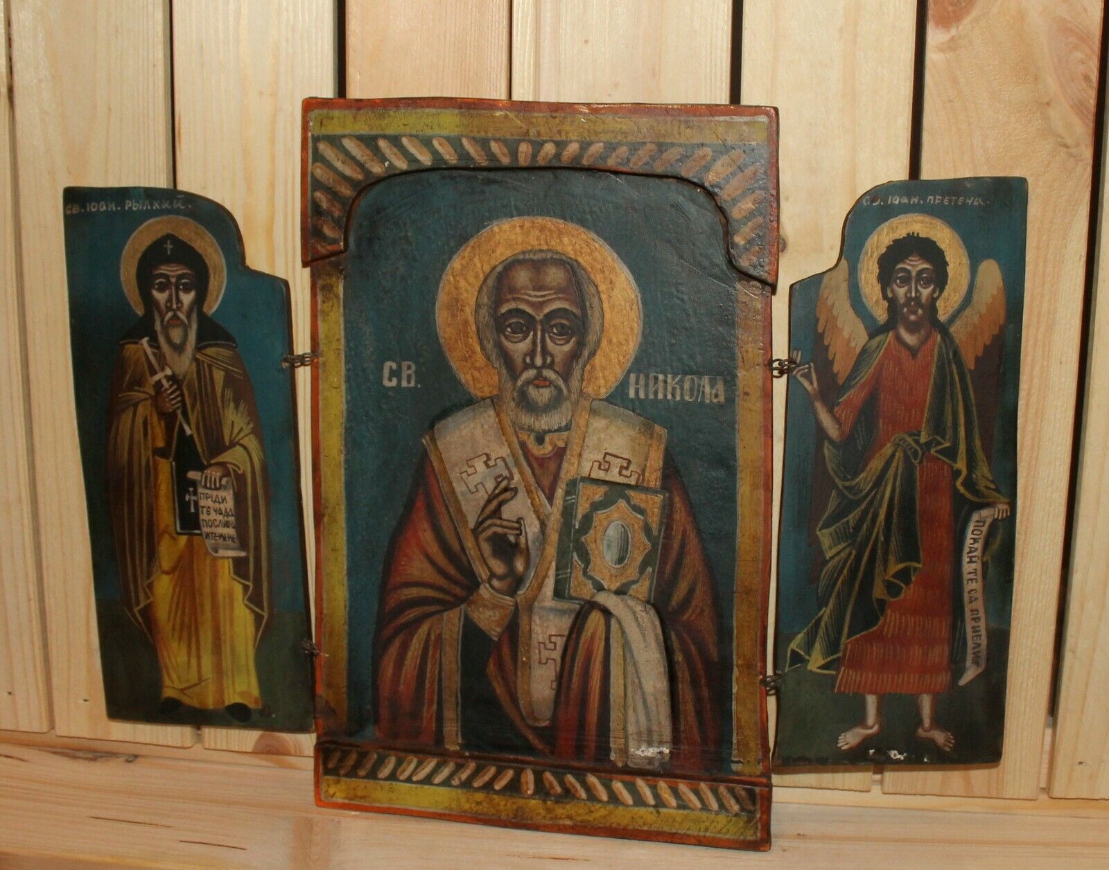 Vintage religious hand painted triptych icon Saint Nicholas