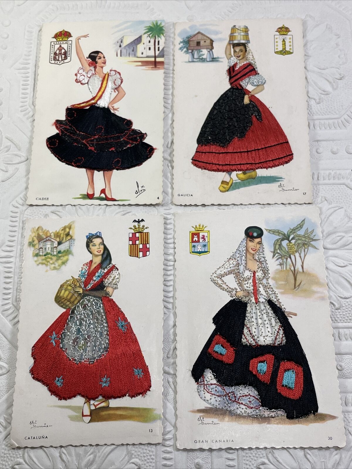 Spain Postcards Elsi Flamenco Dancer Unposted Red Embroidery Vintage Lot Of 4