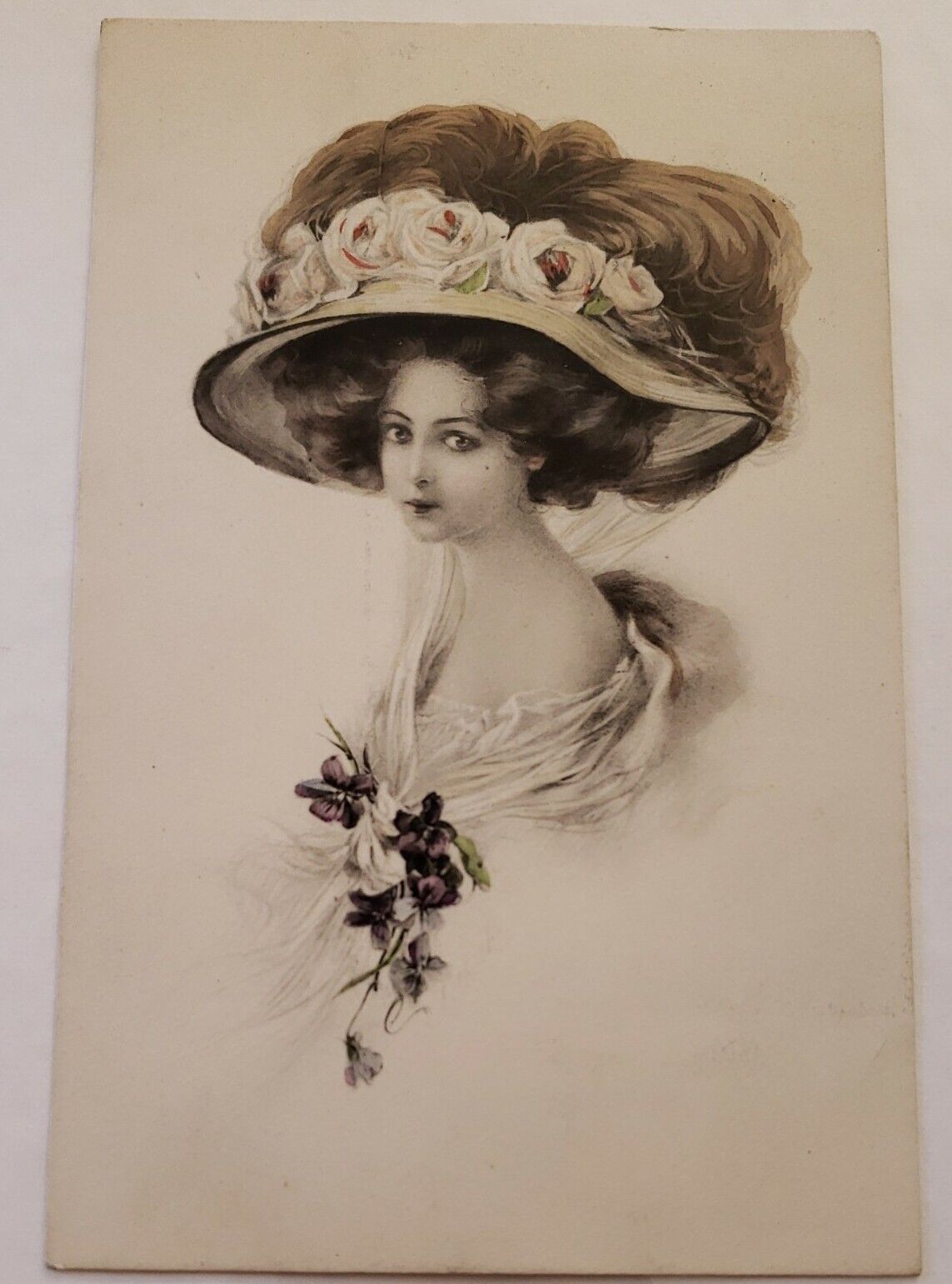 Antique Cpa Postcard Women With Wide Brimmed Hat  painted Art Photo Germany 
