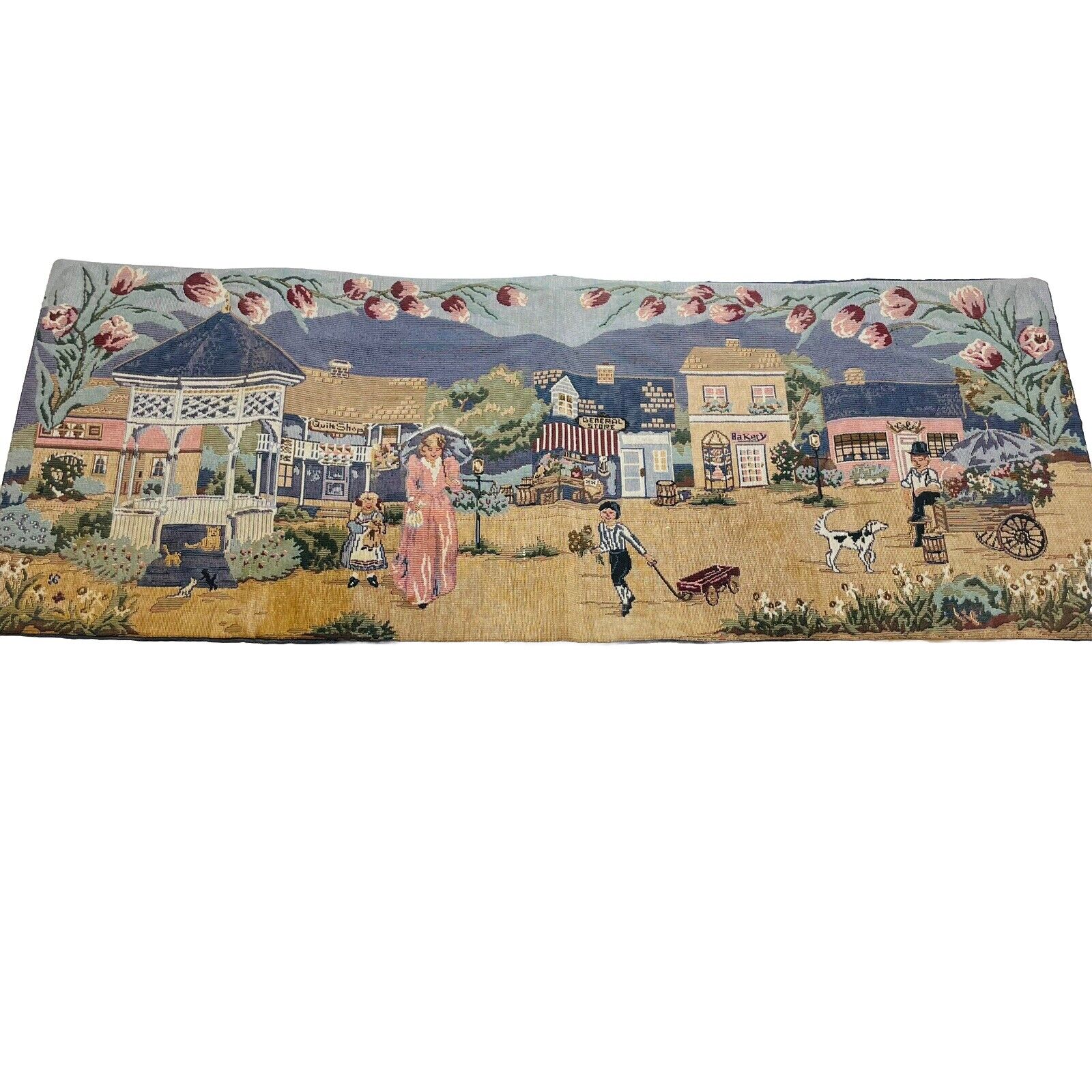 Vintage Victorian Village Dresser Scarf Table Runner Tapestry Children Town